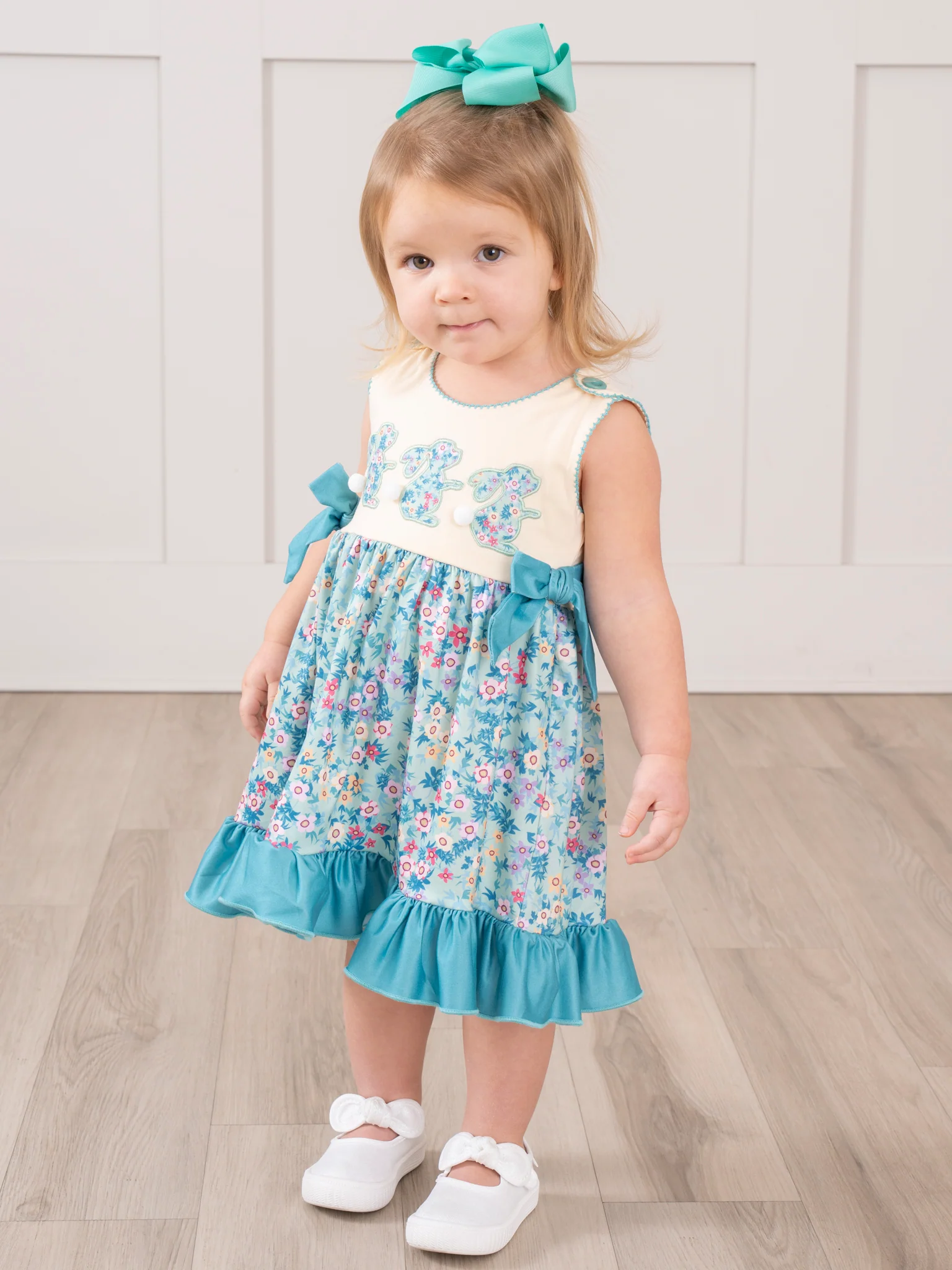 Turquoise Embroidered Floral Bunny Ruffle Dress - Image 3