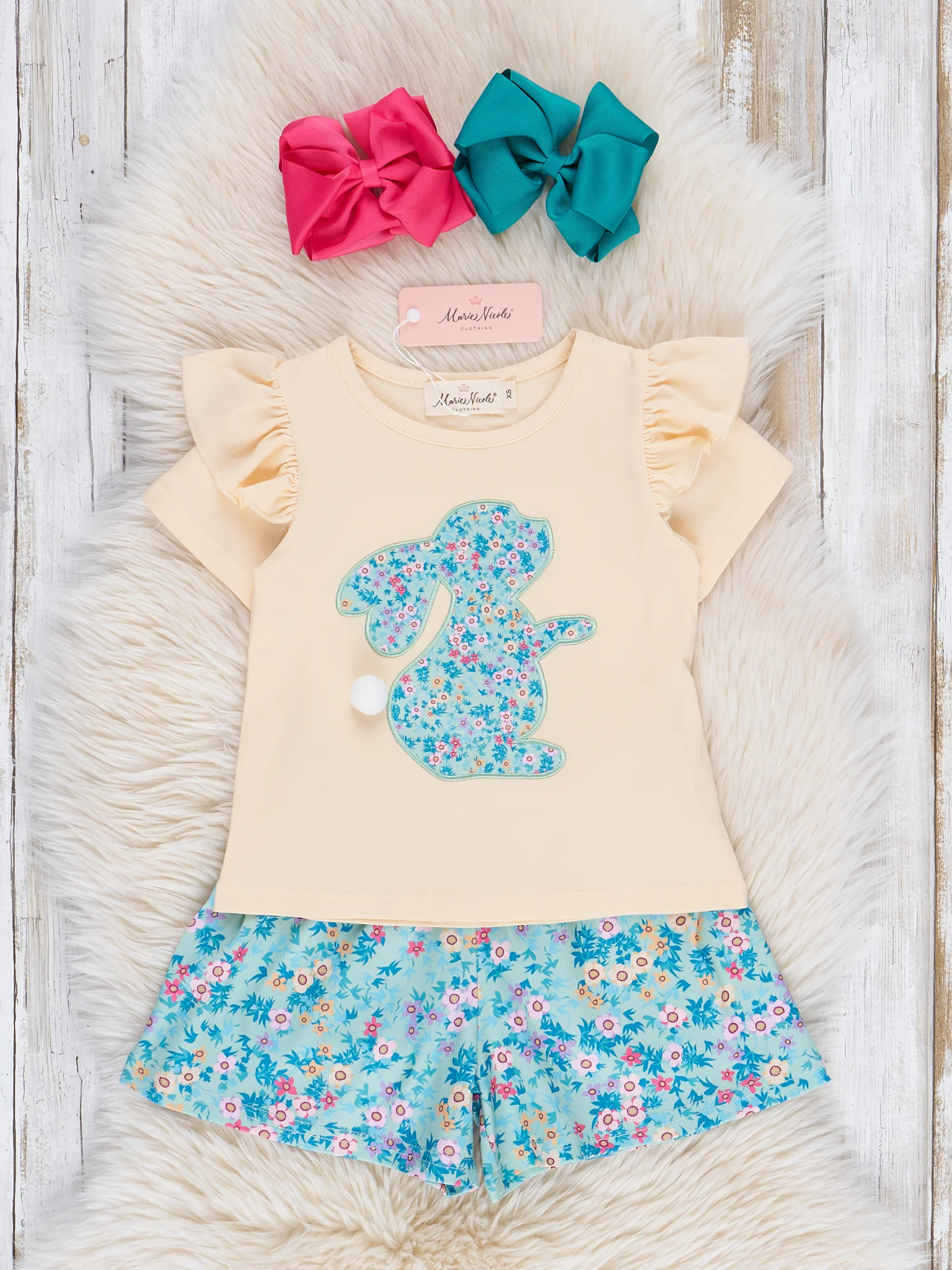 Turquoise Embroidered Floral Bunny Ruffle Outfit