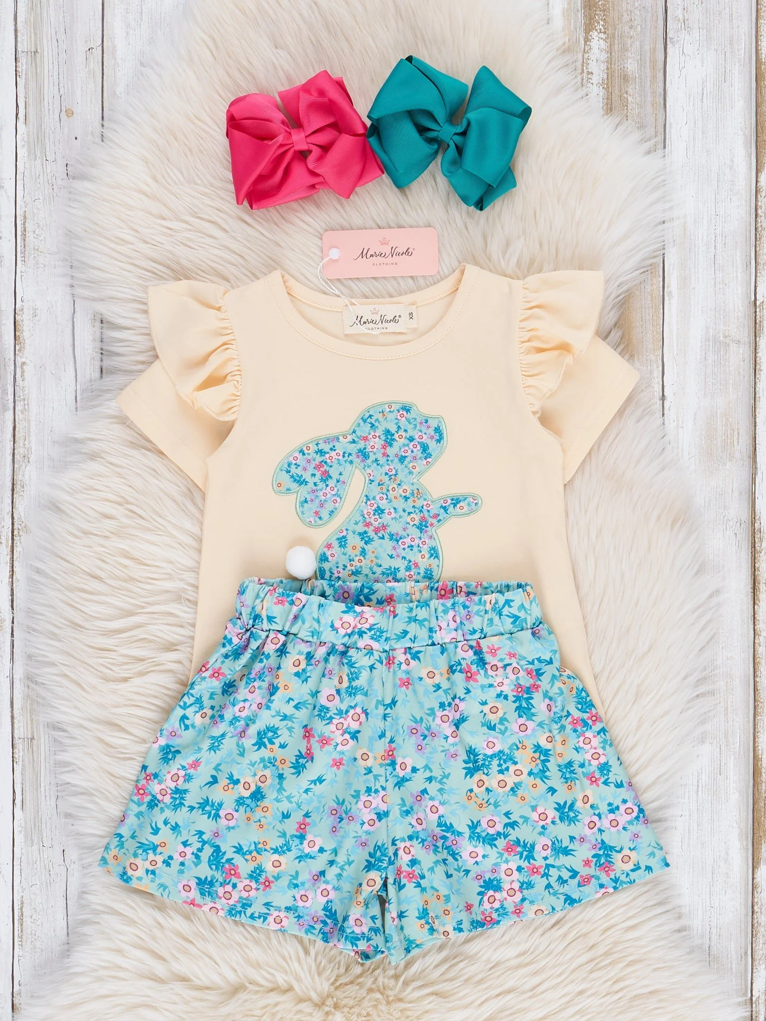 Turquoise Embroidered Floral Bunny Ruffle Outfit - Image 2