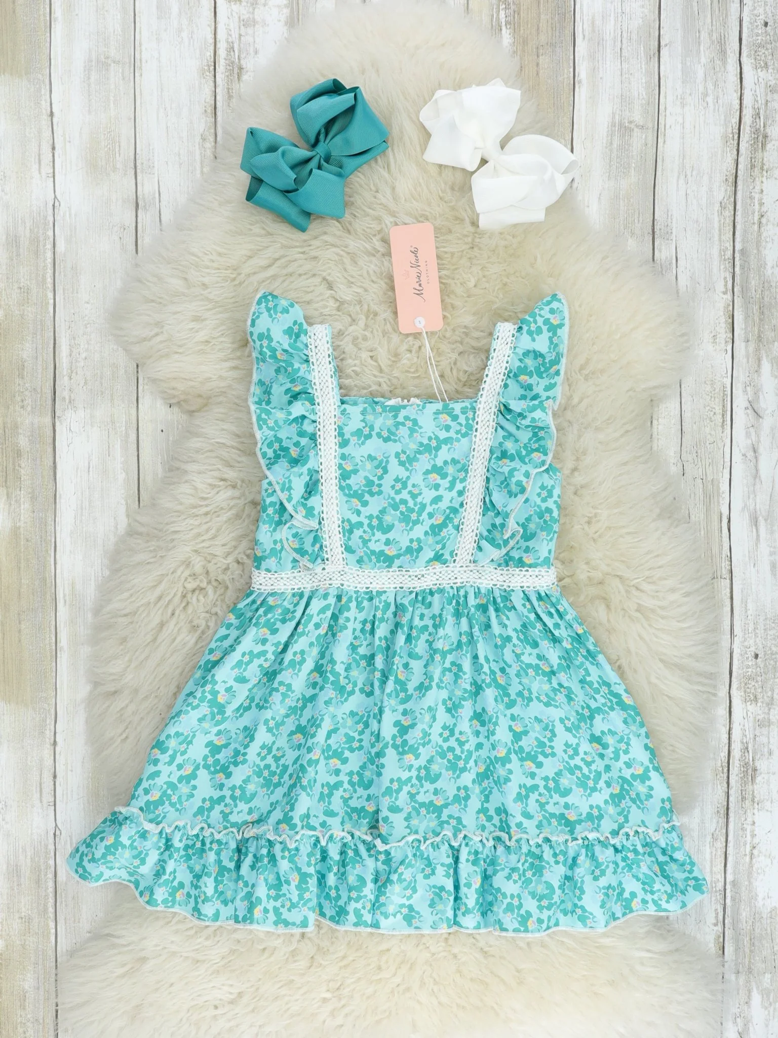 Turquoise Floral Flutter Sleeve Ruffle Dress