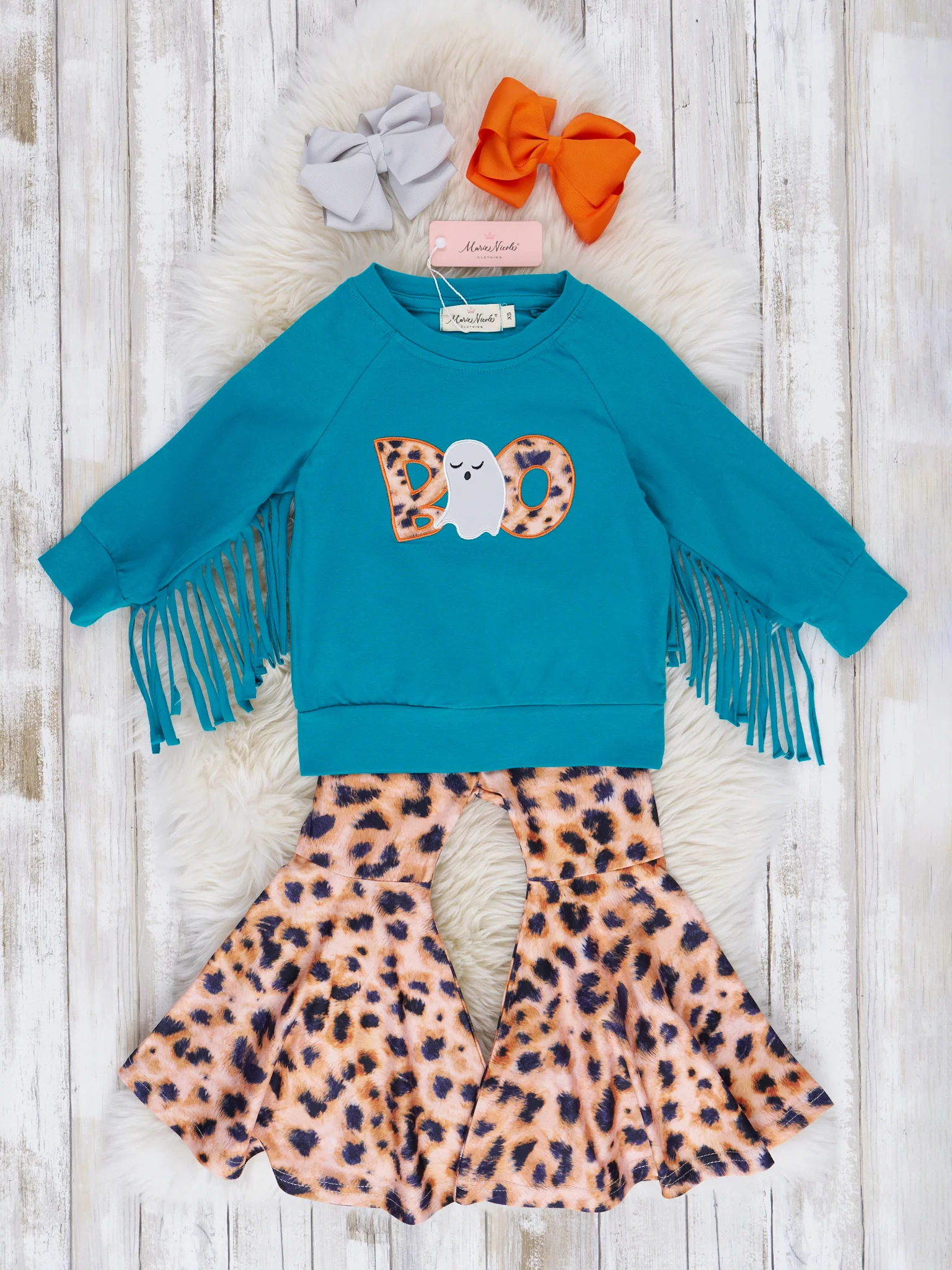 Turquoise Fringe "Boo" Bell Bottom Outfit