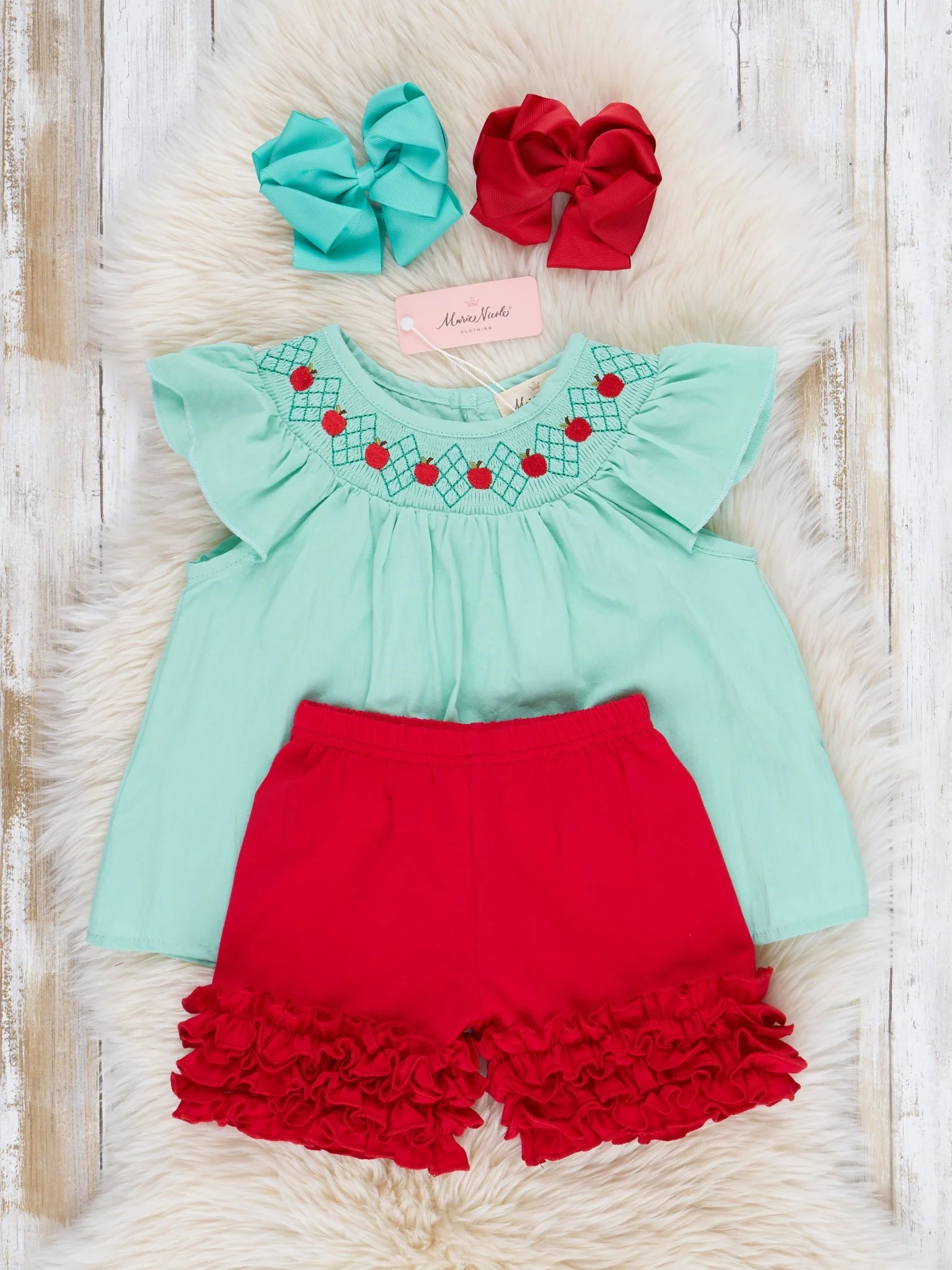 Turquoise Smocked Apples Ruffle Outfit - Image 3