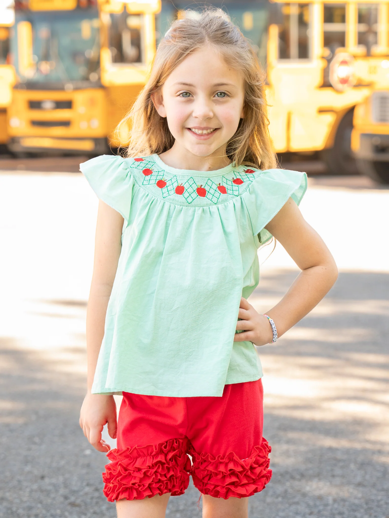 Turquoise Smocked Apples Ruffle Outfit - Image 4