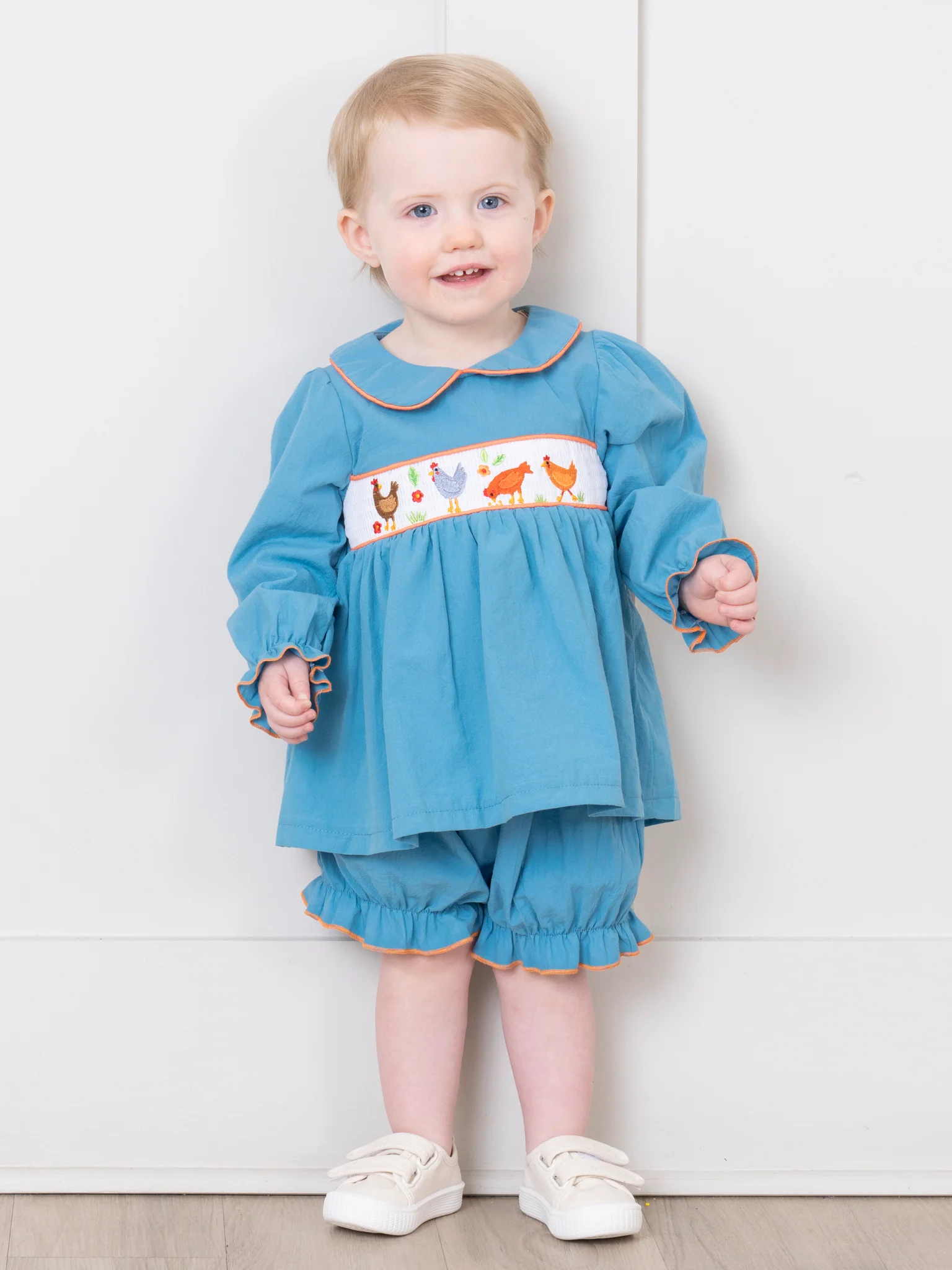 Turquoise Smocked Chicken Bloomers Outfit