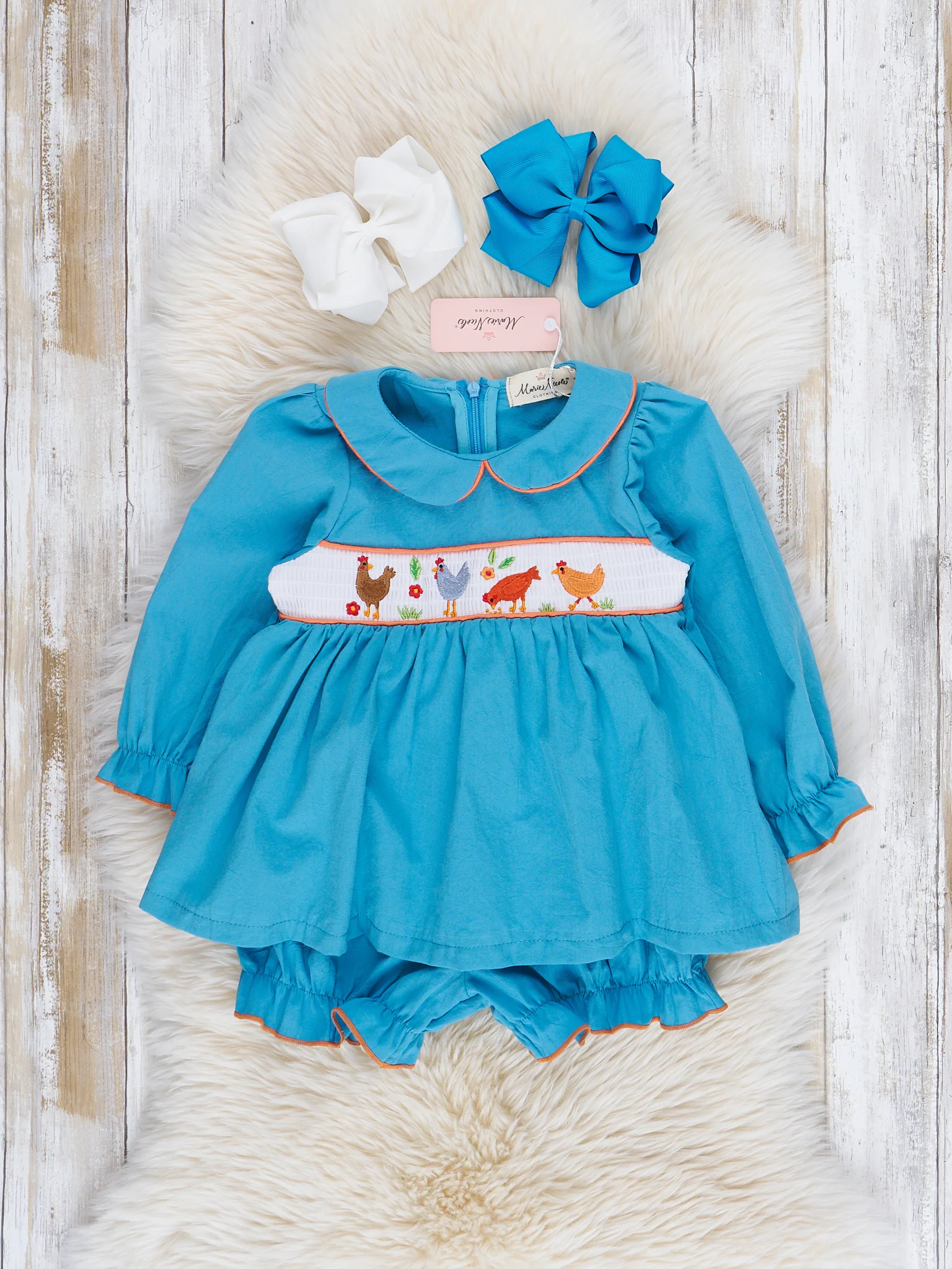 Turquoise Smocked Chicken Bloomers Outfit - Image 2