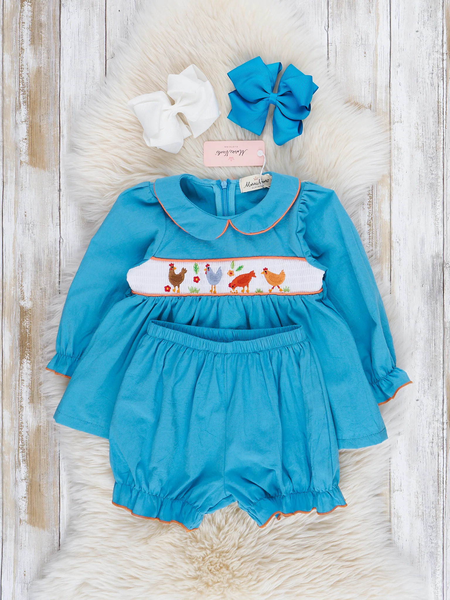 Turquoise Smocked Chicken Bloomers Outfit - Image 3
