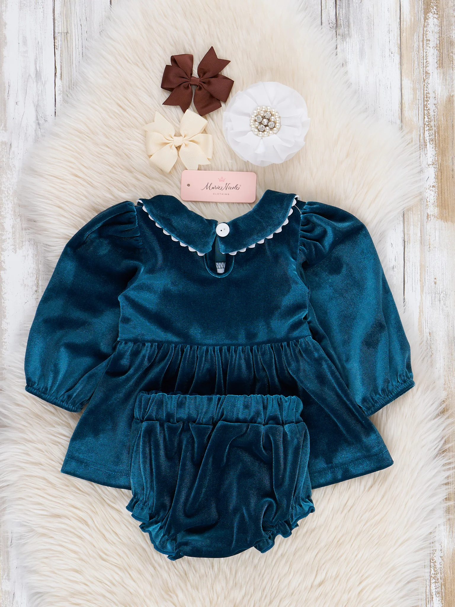Turquoise Velvet Smocked Ponies Bloomers Outfit - Image 3
