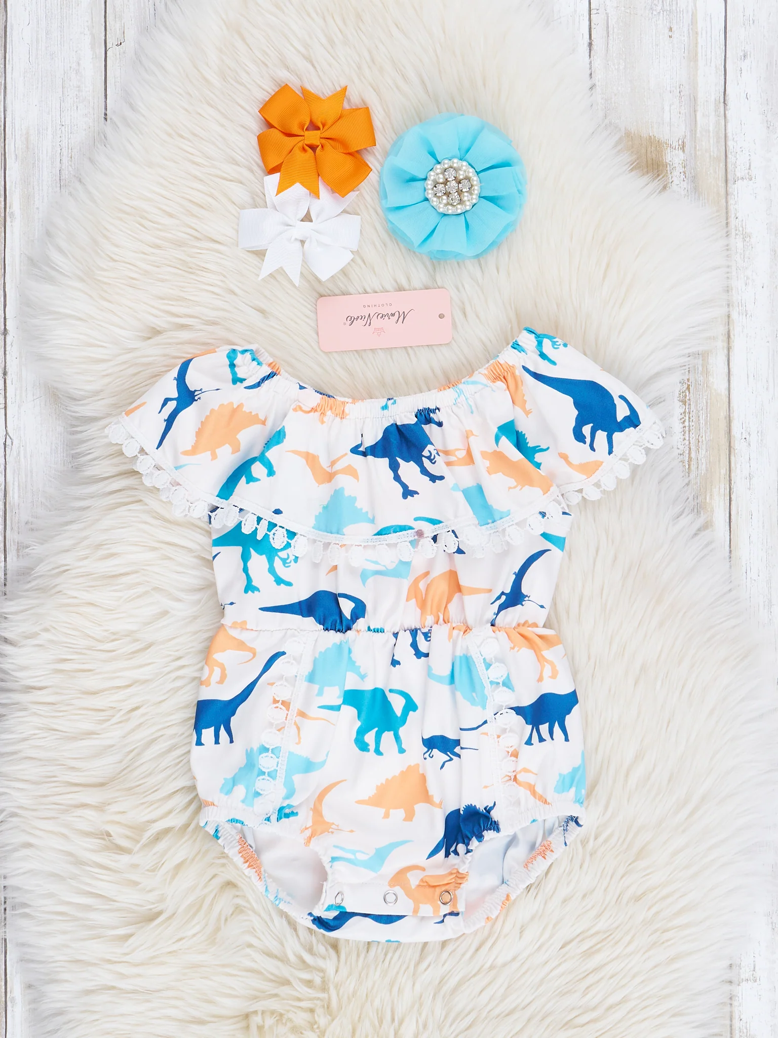 Turquoise & Yellow Dino Friends Ruffle Bubble Romper