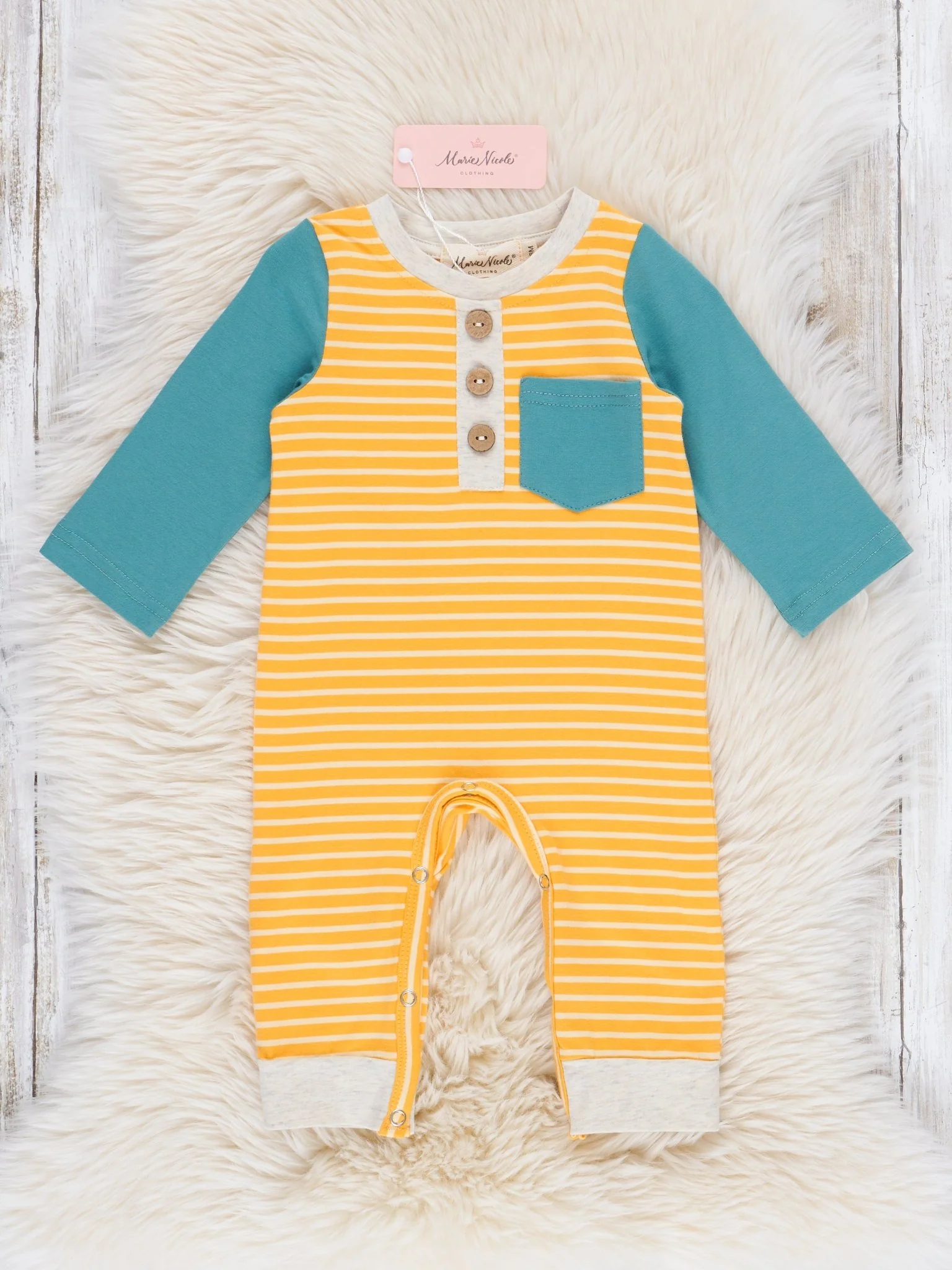 Turquoise & Yellow Stripes Pocket Raglan Romper