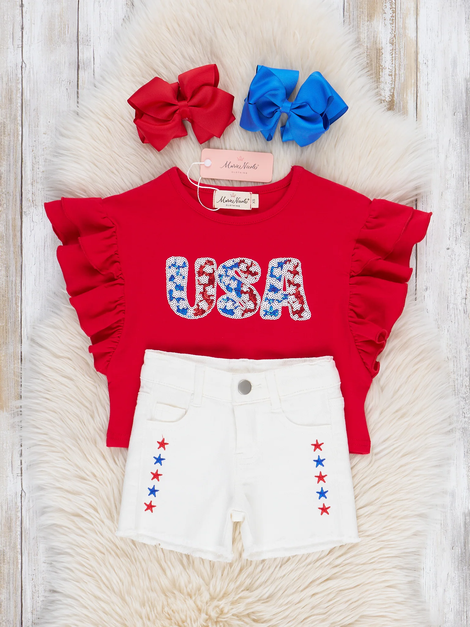 USA Stars Ruffle Denim Shorts Outfit - Image 3