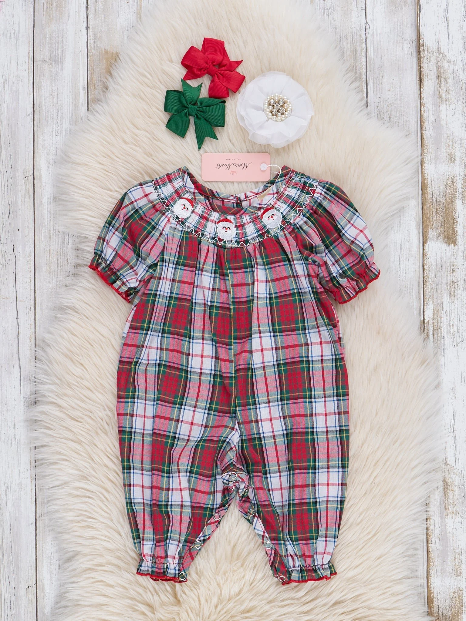 Vintage Christmas Plaid Smocked Romper