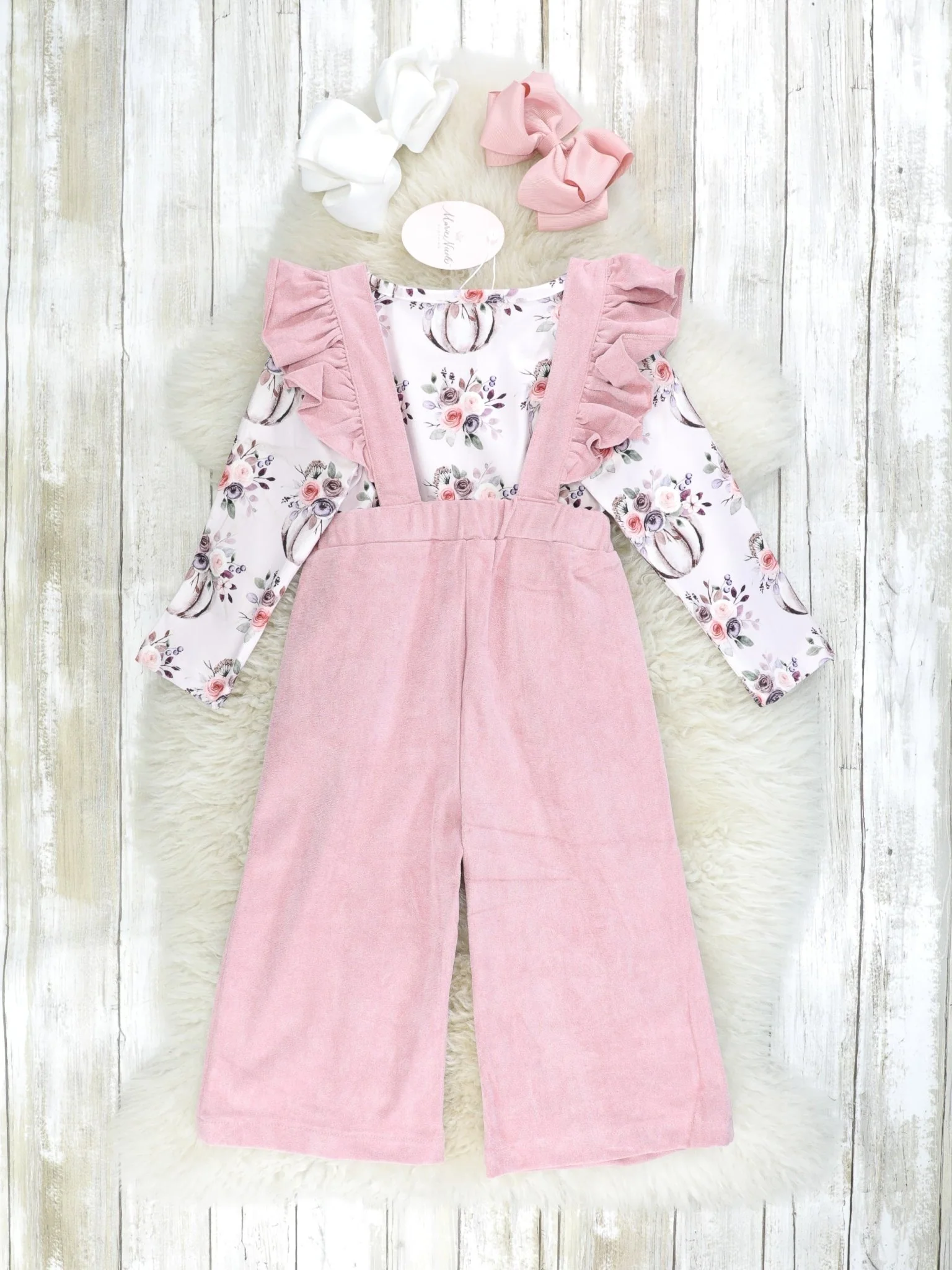 Vintage Floral Pumpkin Top & Pink Suede Ruffle Overall Set - Image 2