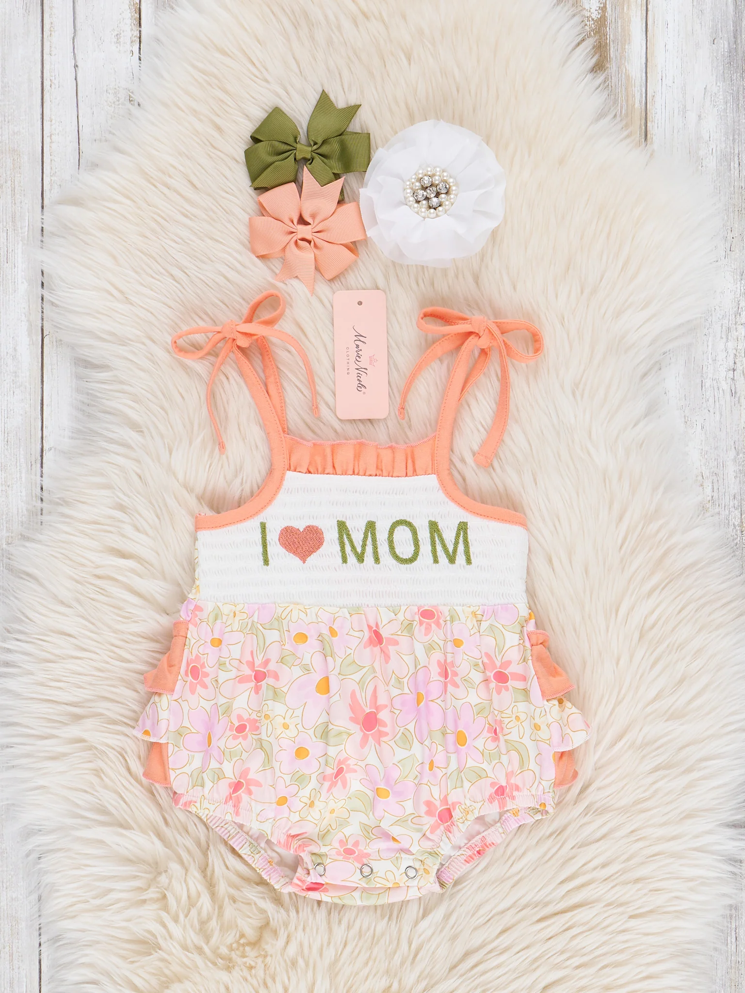 Vintage Floral Smocked Mom Love Bubble Romper