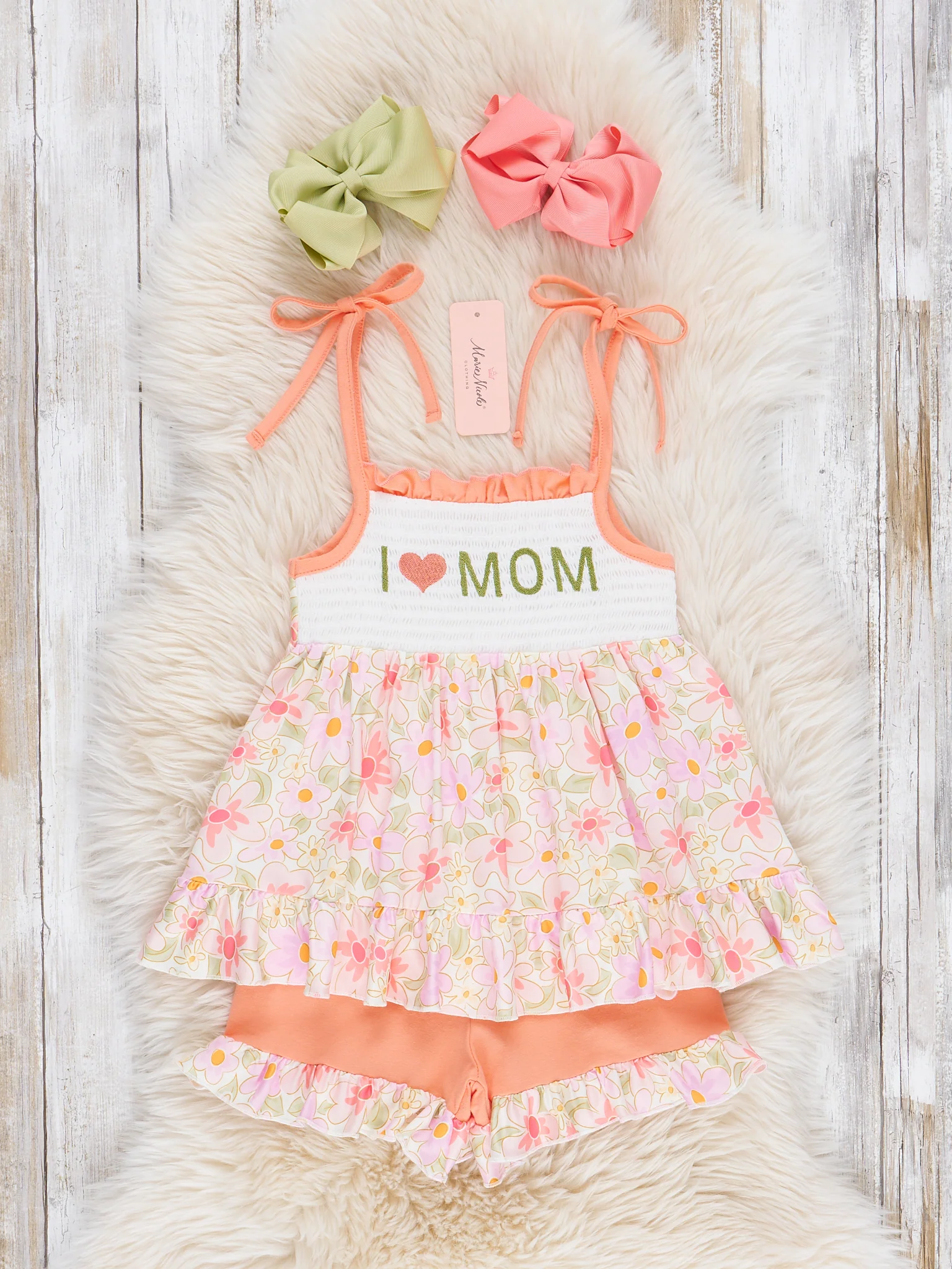 Vintage Floral Smocked Mom Love Ruffle Outfit