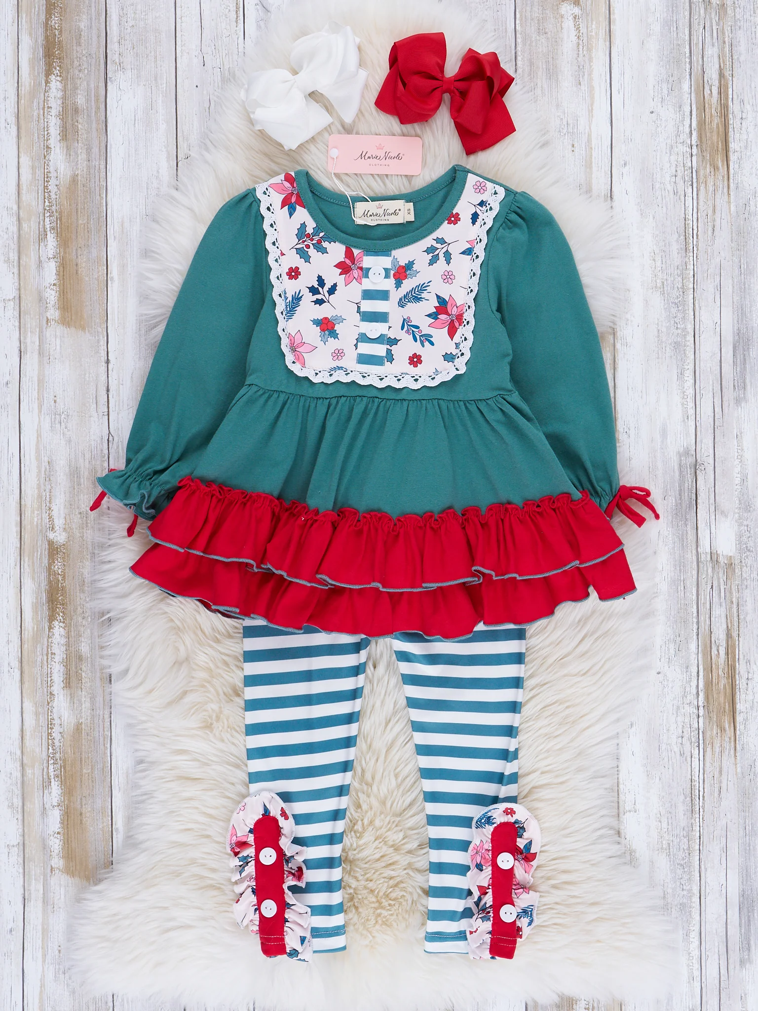 Vintage Green Floral & Stripes Ruffle Outfit