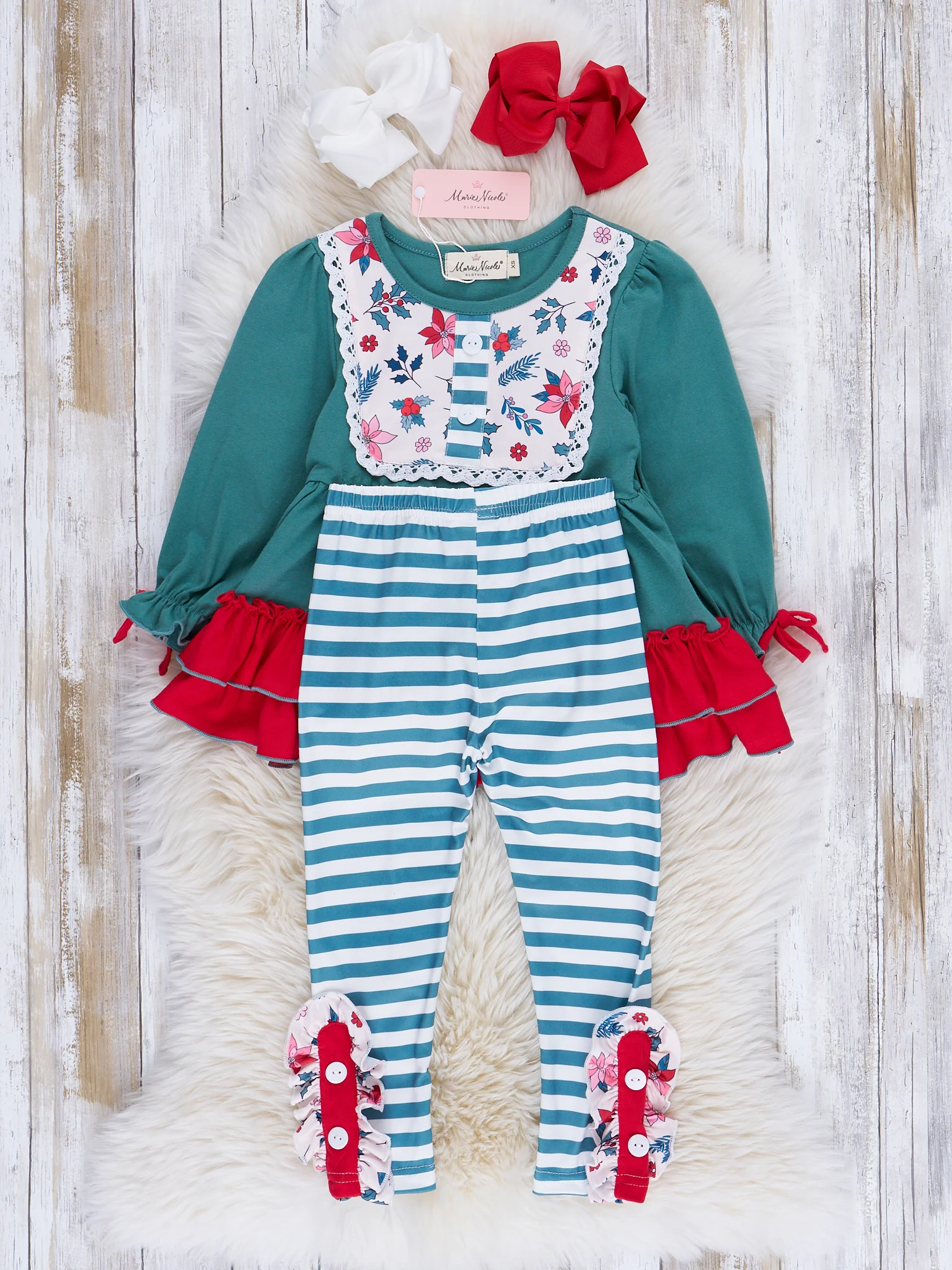 Vintage Green Floral & Stripes Ruffle Outfit - Image 2