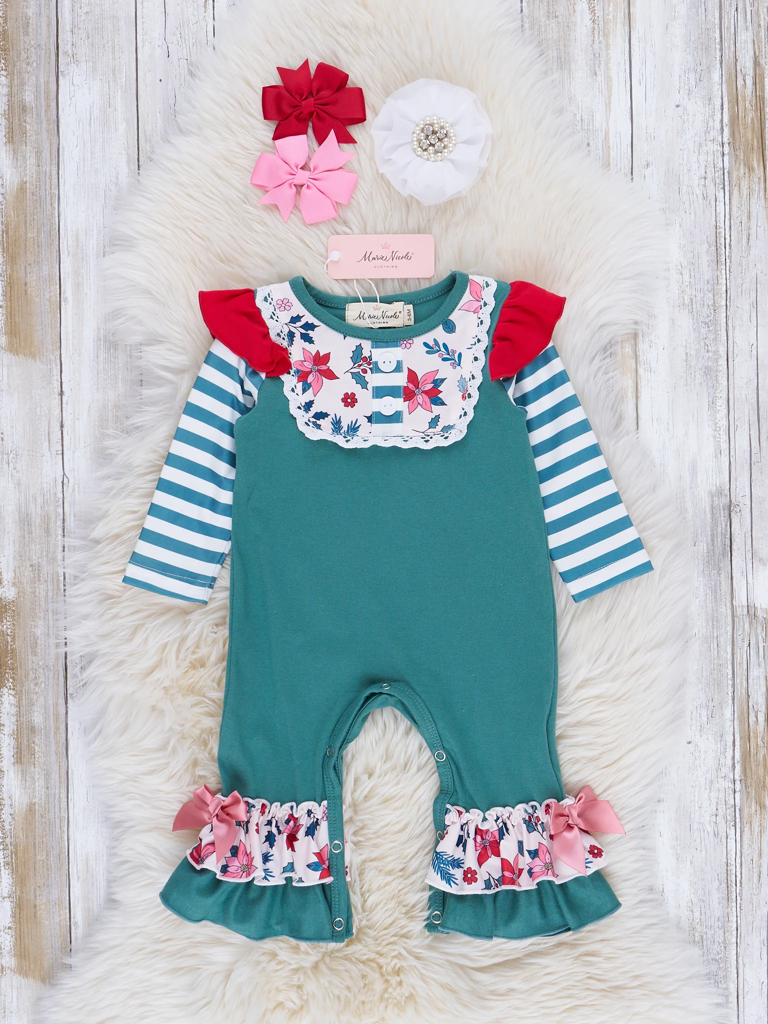 Vintage Green Floral & Stripes Ruffle Romper