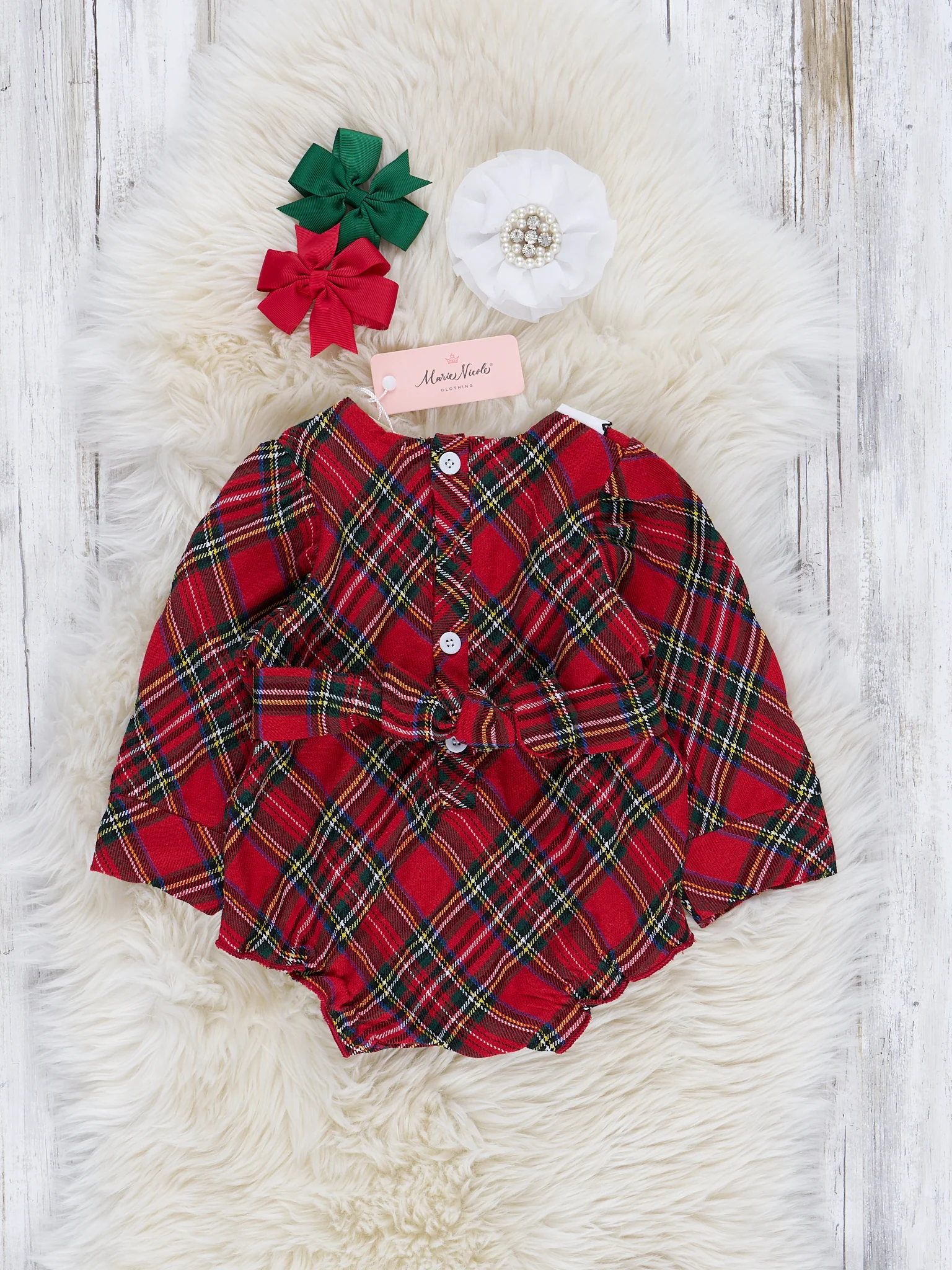 Vintage Red Christmas Plaid Ruffle Bubble Romper - Image 2