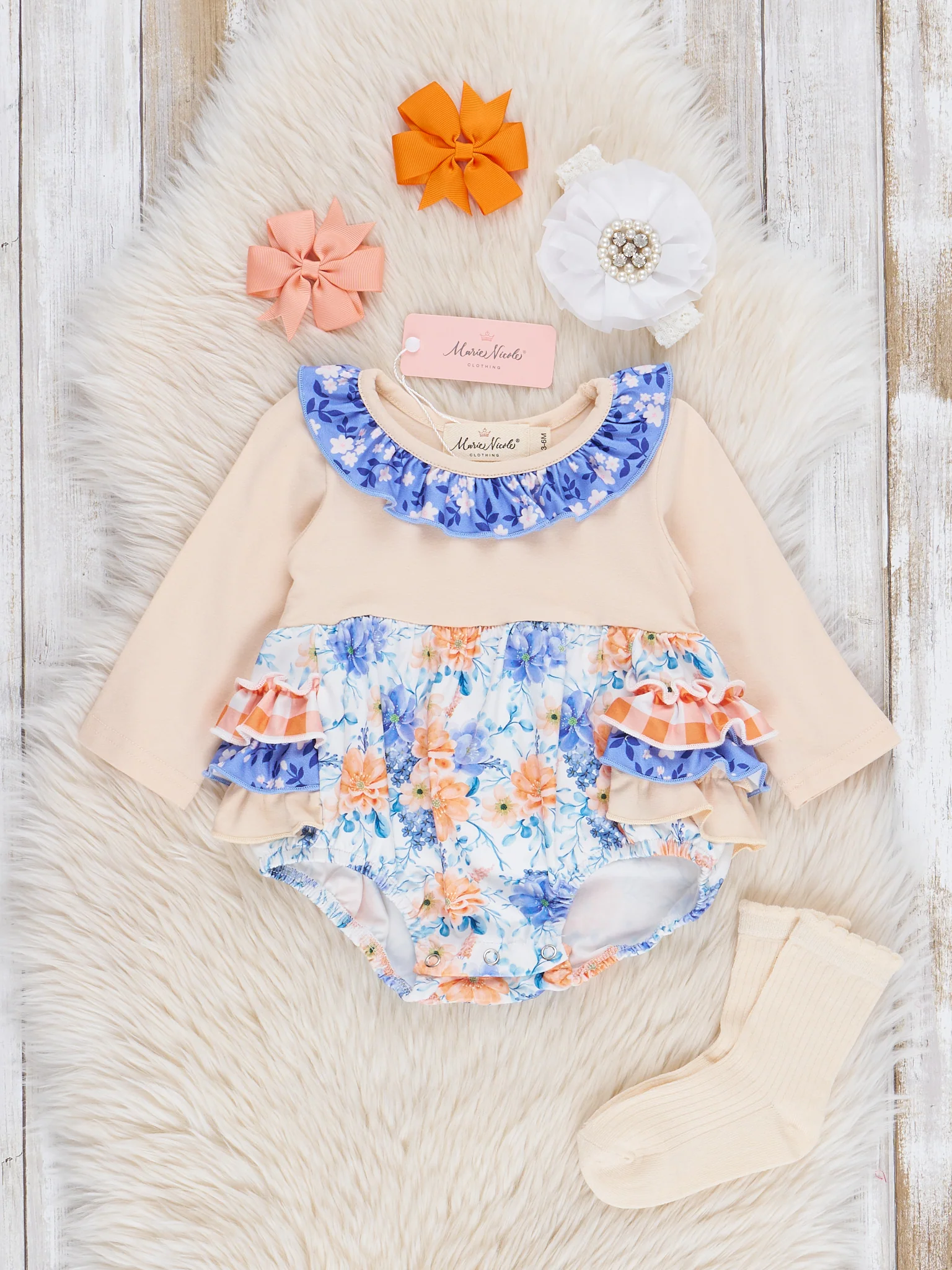 Violet & Orange Blooms Ruffle Bubble Romper