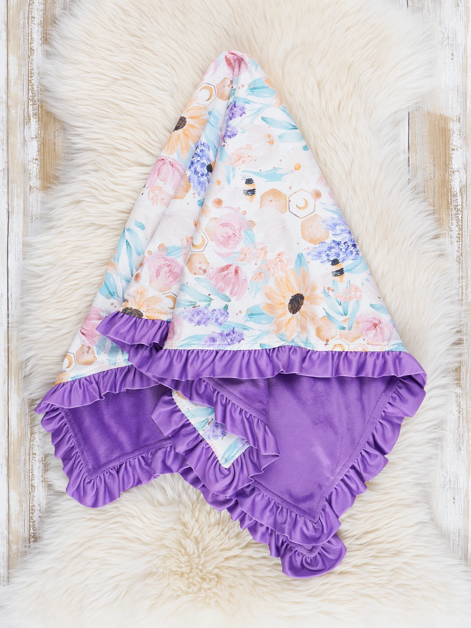 Violet Watercolor Bouquets Ruffle Minky Blanket