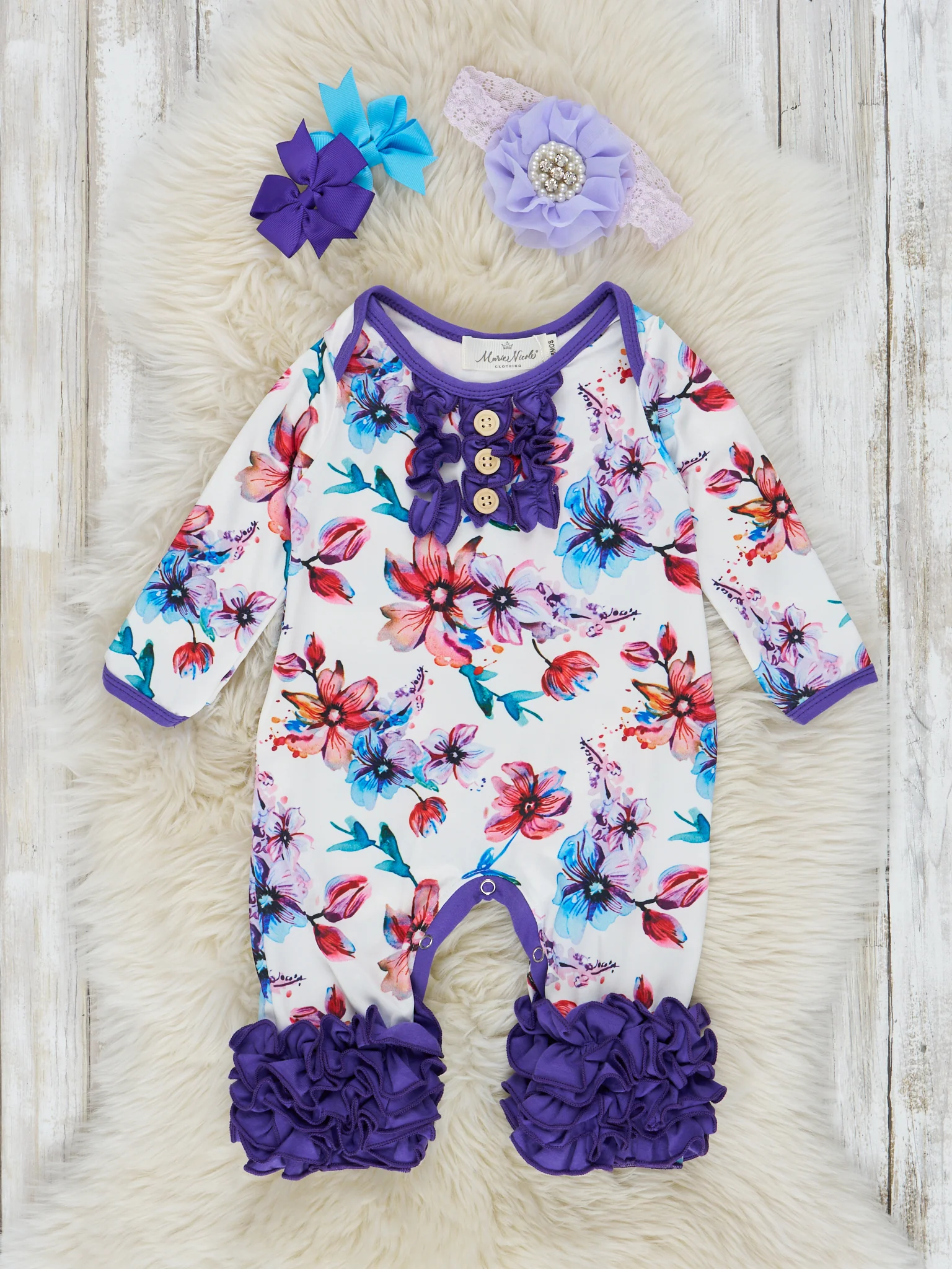 Violet Watercolor Orchids Icing Romper- Long Sleeve