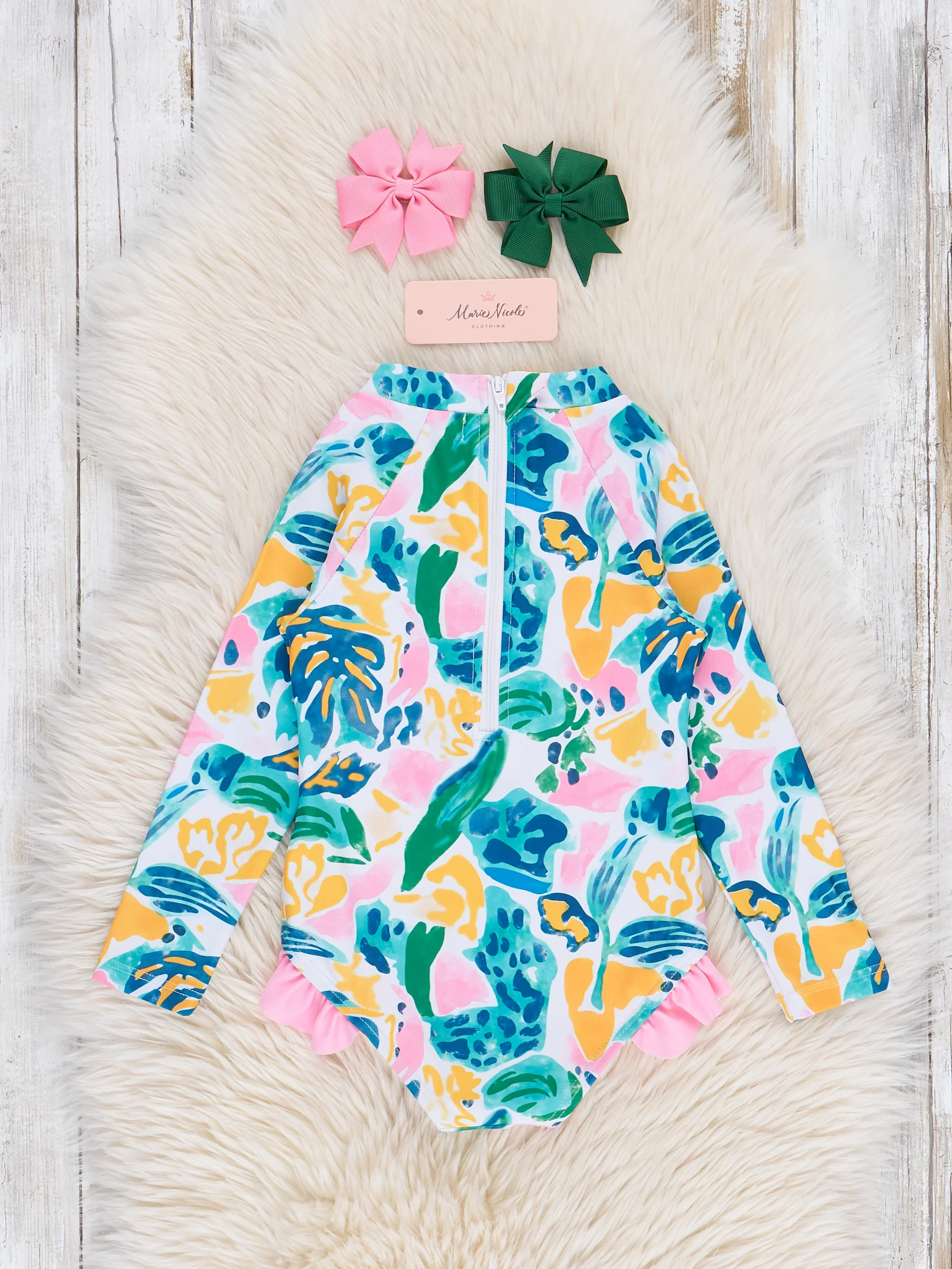 Watercolor Banana Leaves Ruffle Rashguard Swimsuit - Image 3