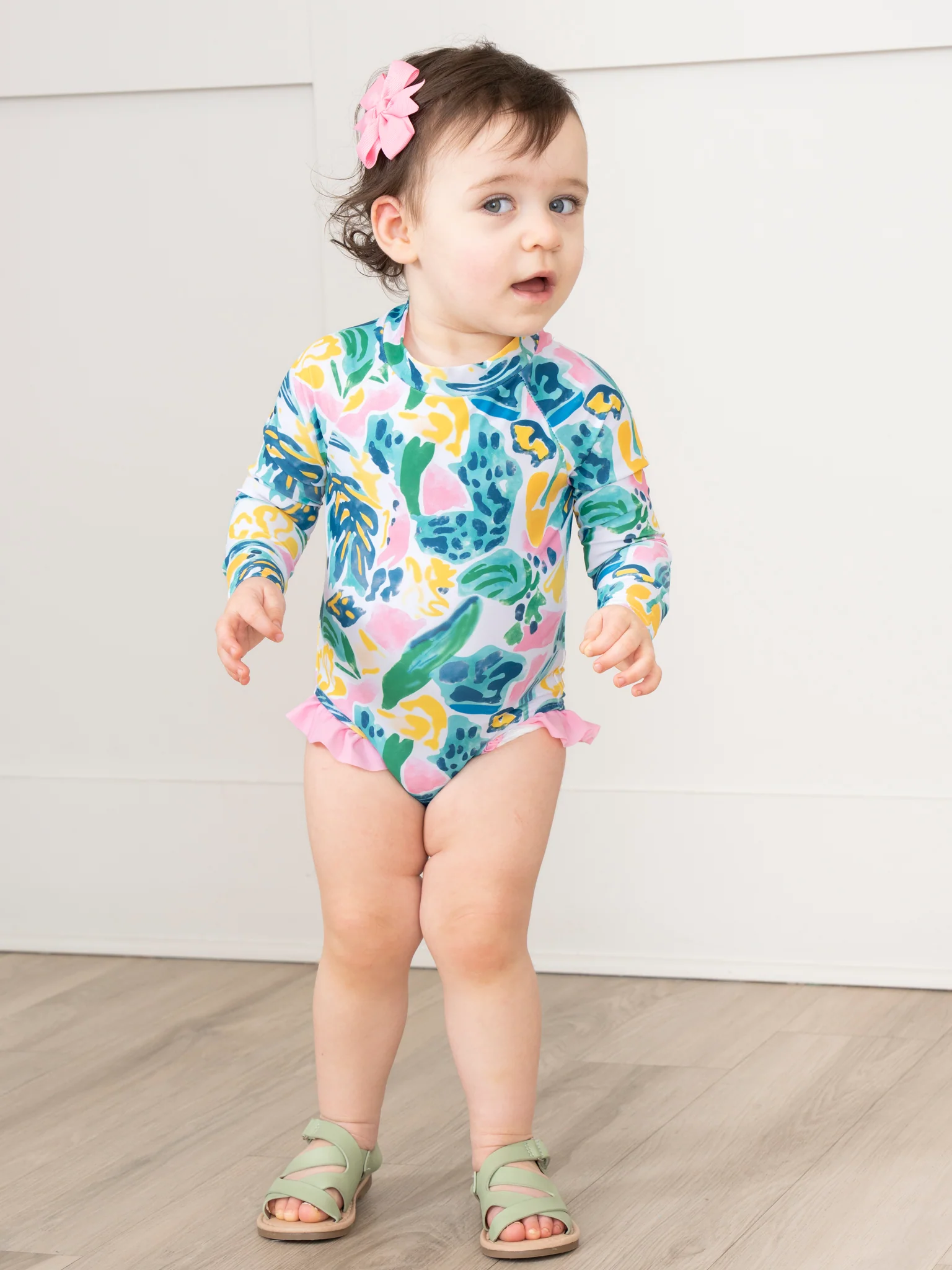 Watercolor Banana Leaves Ruffle Rashguard Swimsuit - Image 4