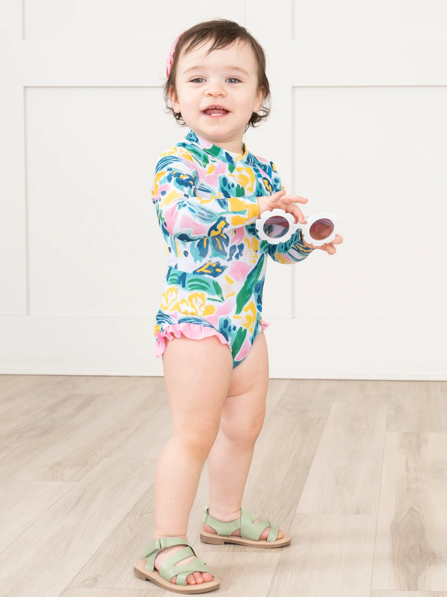 Watercolor Banana Leaves Ruffle Rashguard Swimsuit - Image 5