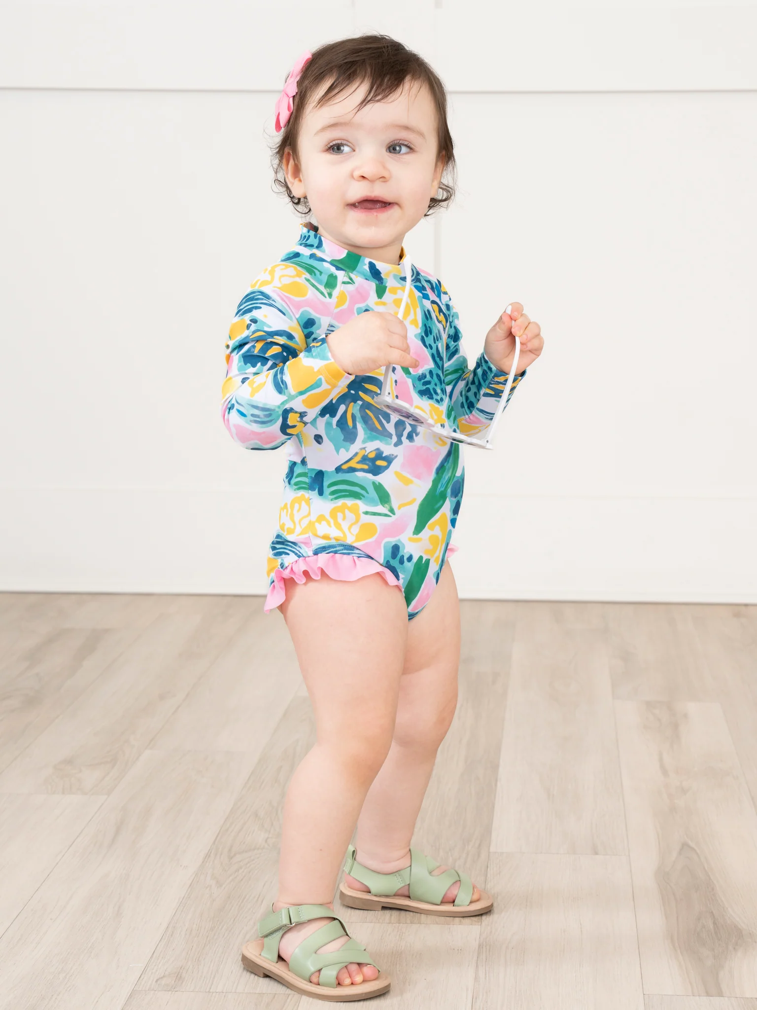 Watercolor Banana Leaves Ruffle Rashguard Swimsuit - Image 6