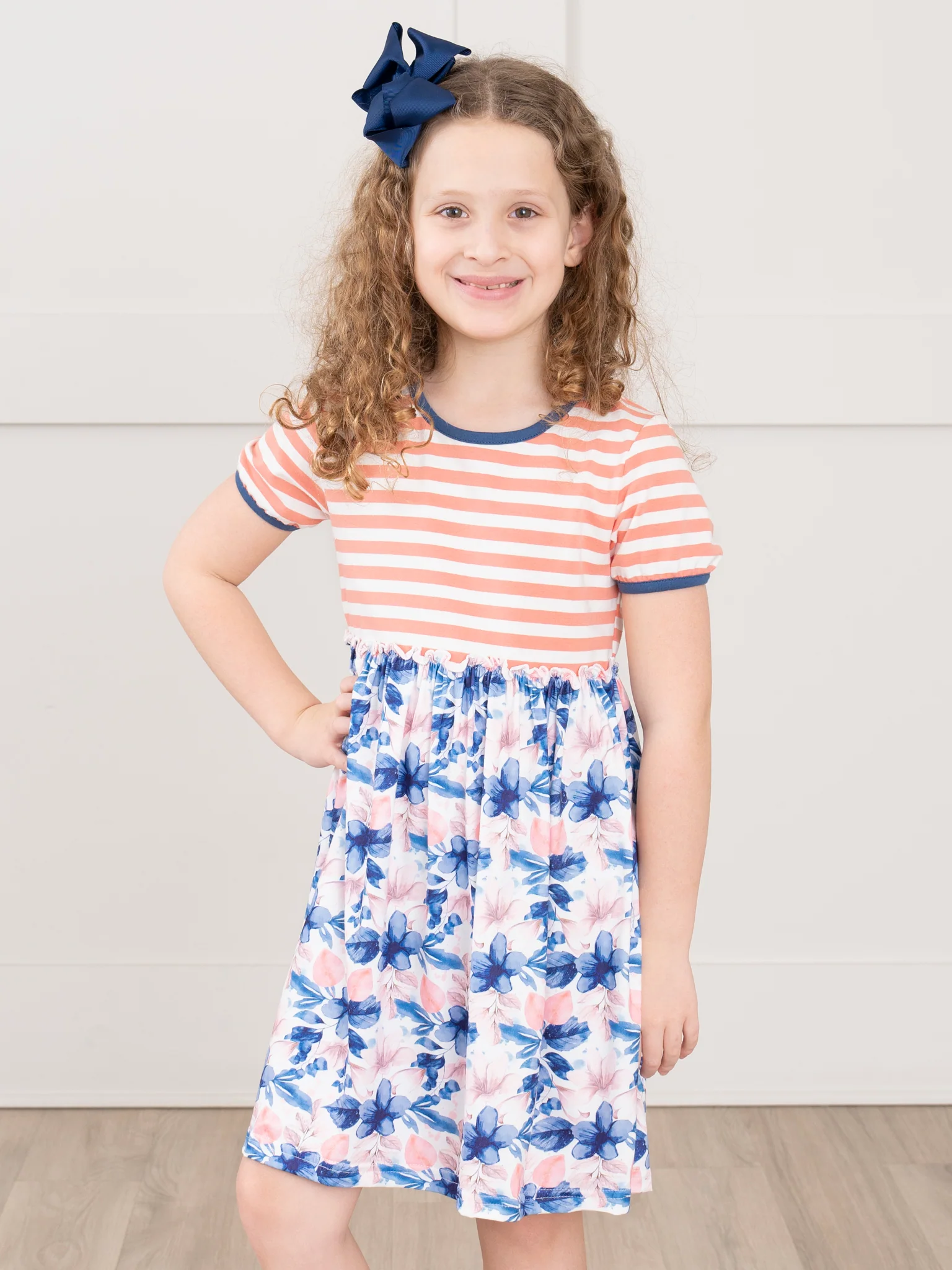 Ringer Striped Florals Dress - Blue & Coral