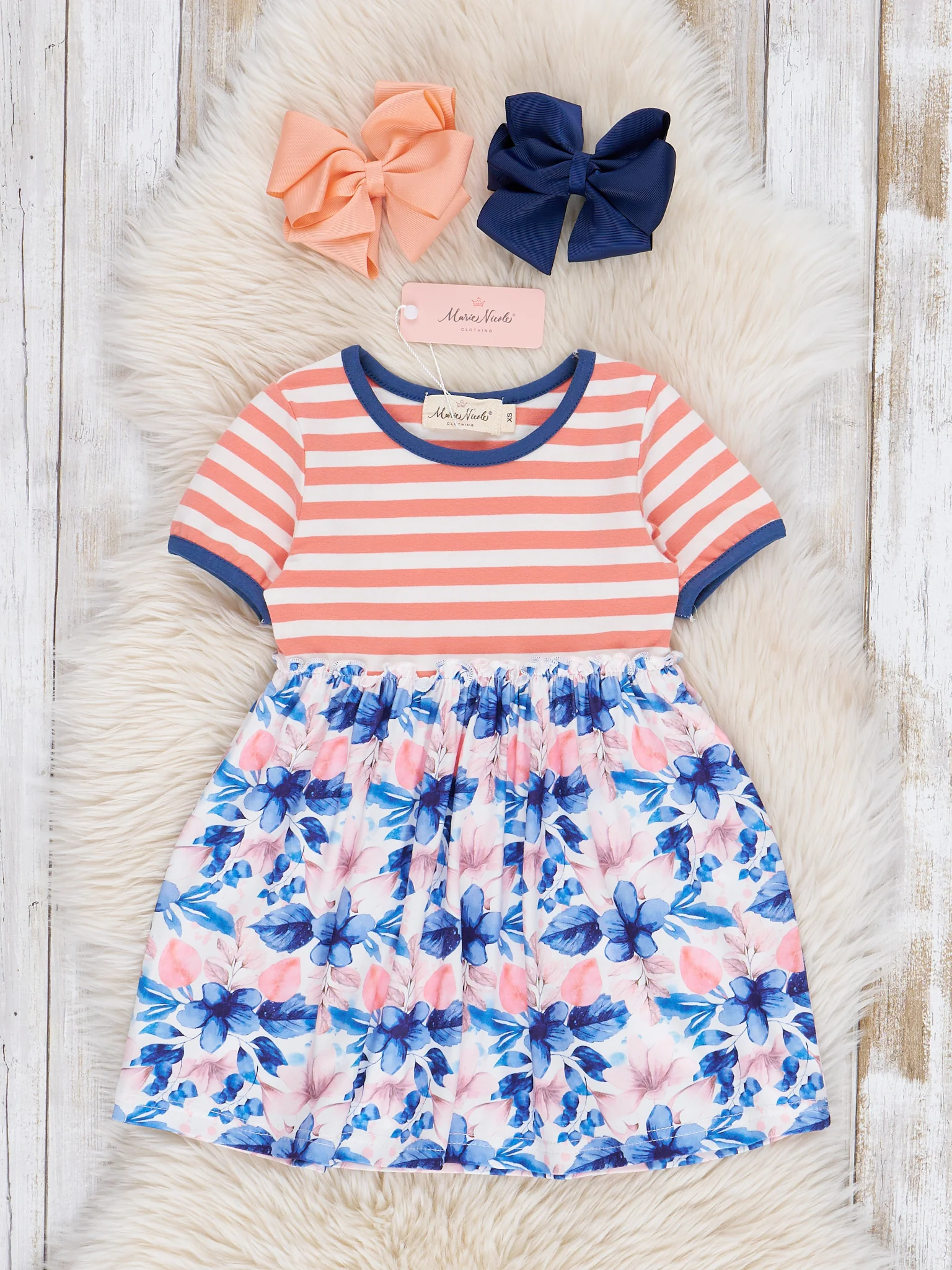Ringer Striped Florals Dress - Blue & Coral - Image 2