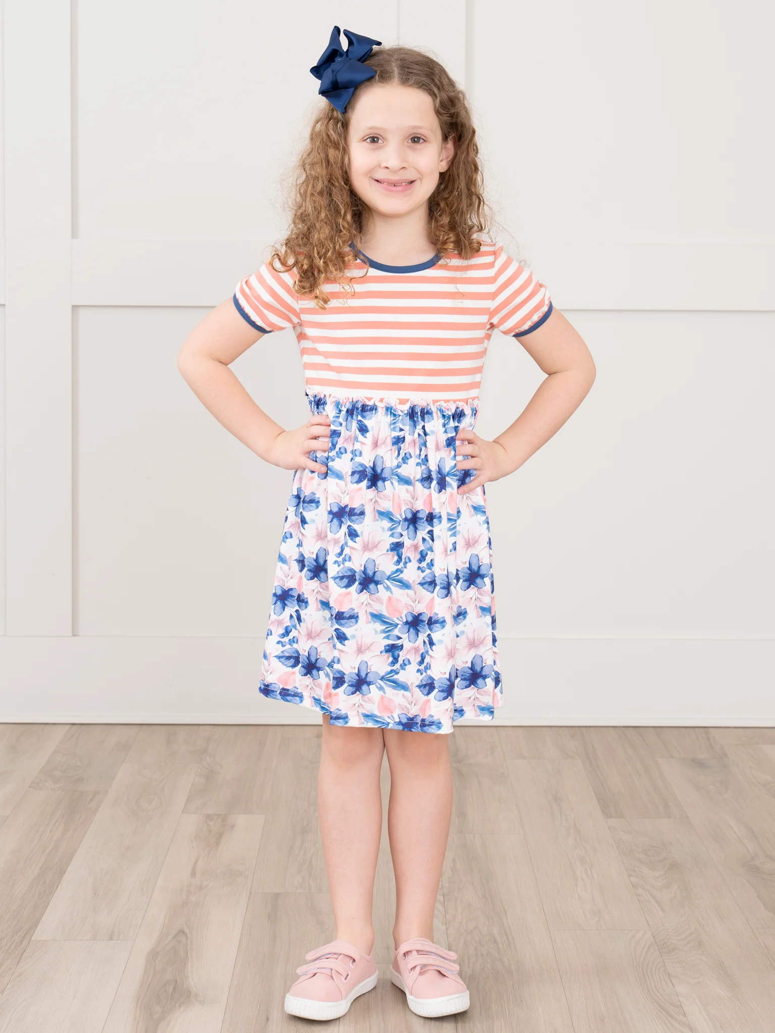 Ringer Striped Florals Dress - Blue & Coral - Image 3
