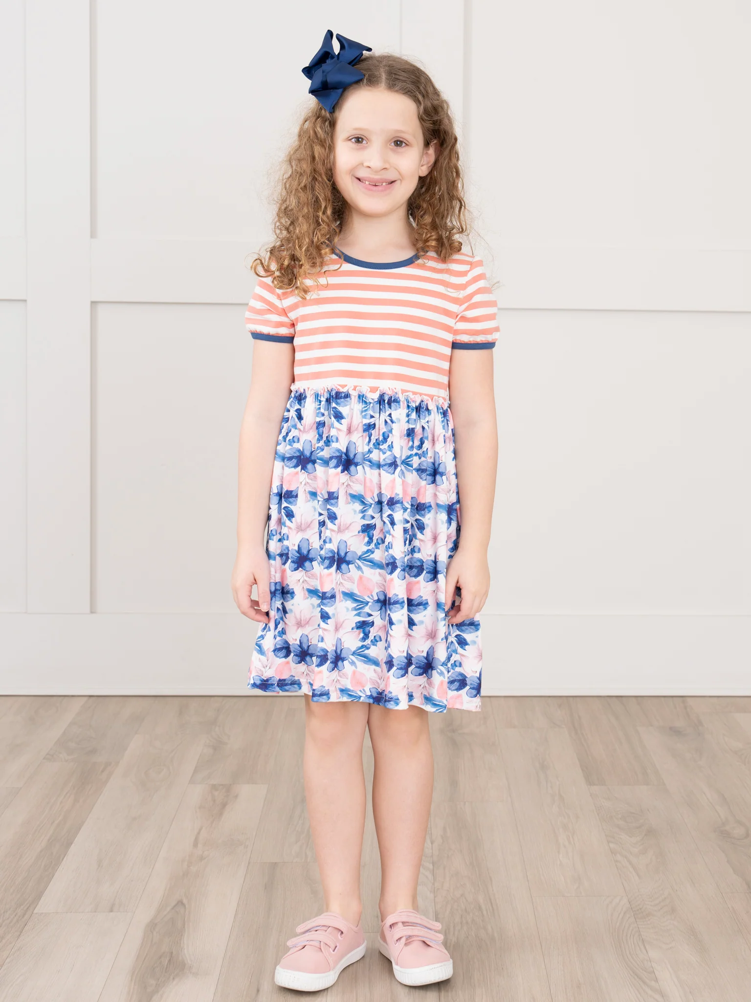 Ringer Striped Florals Dress - Blue & Coral - Image 4
