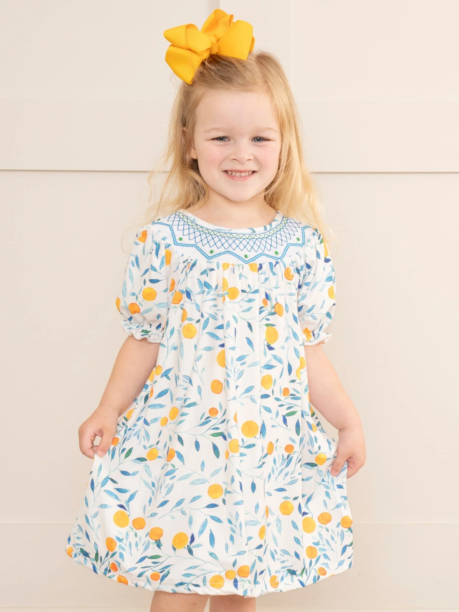 Watercolor Lemons Smocked Ruffle Dress