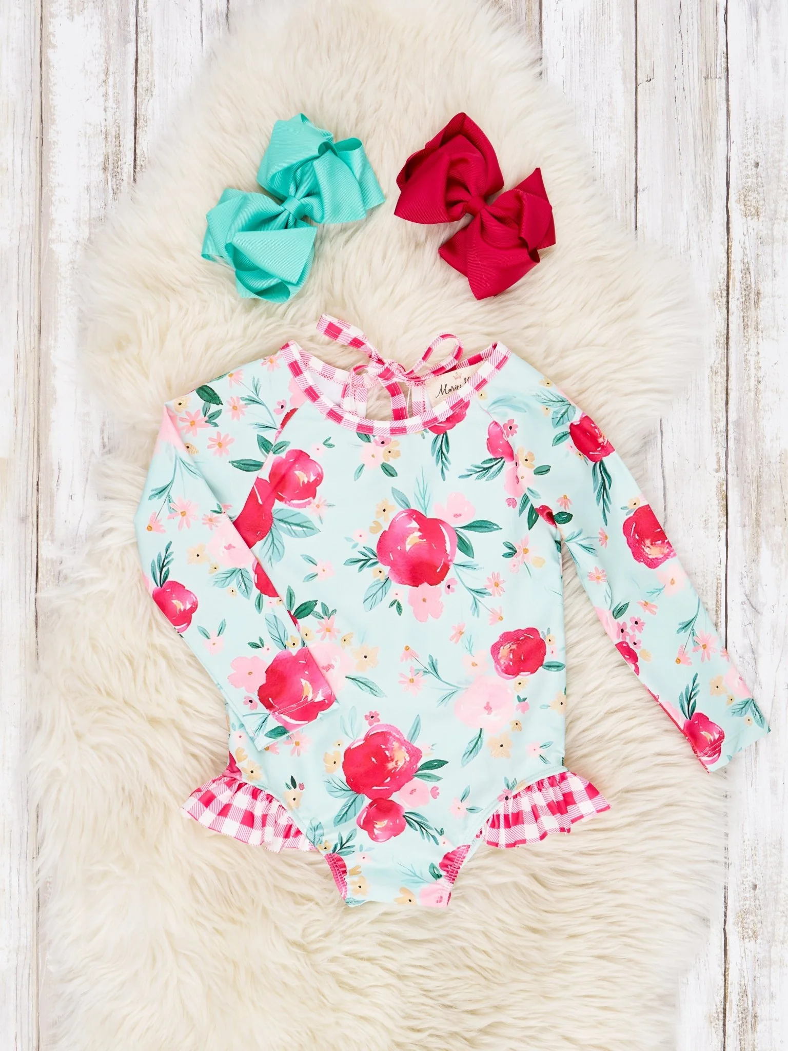 Watercolor Rose Ruffle Rash Guard Swimsuit