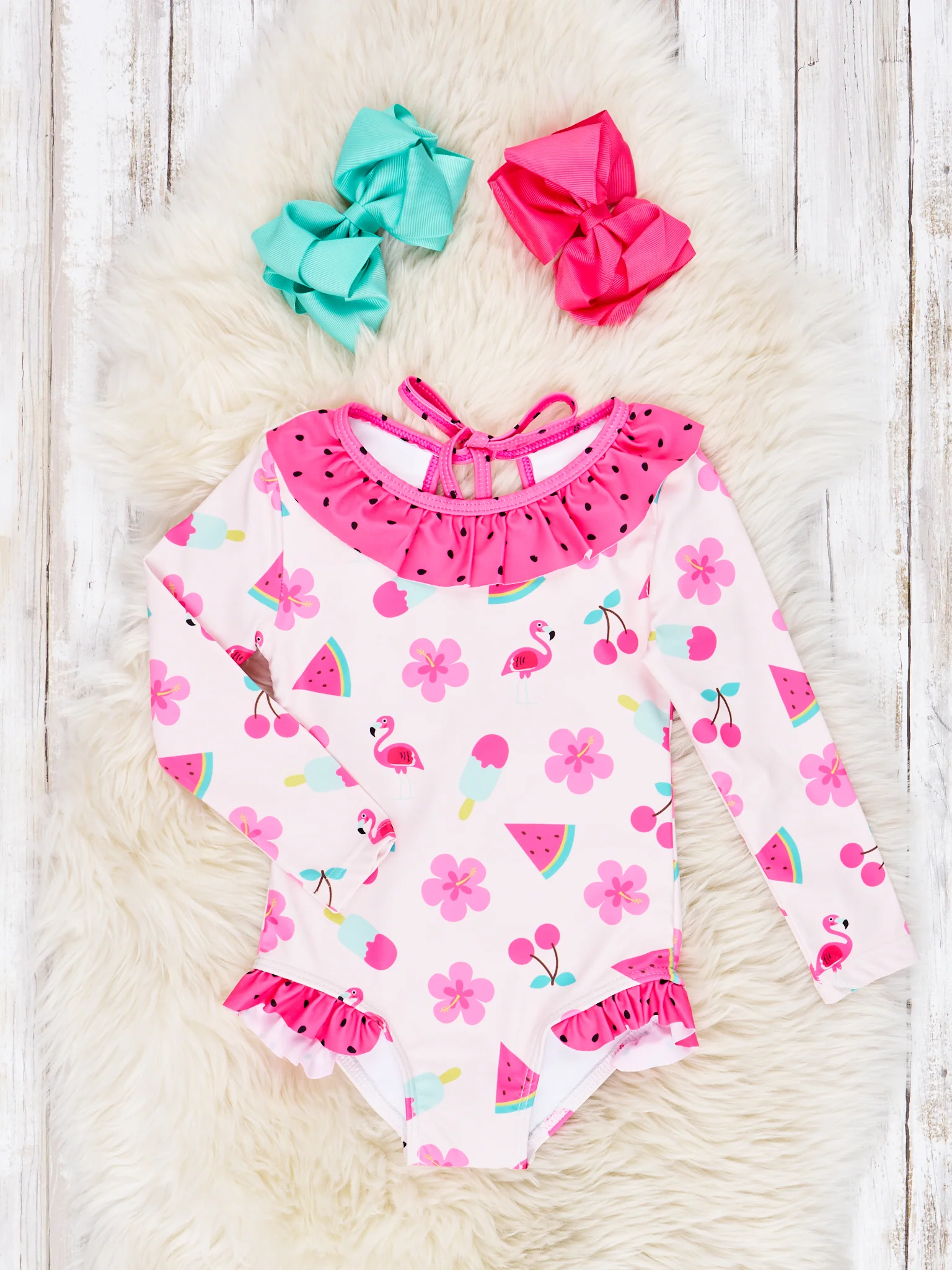 Watermelon & Flamingo Ruffle Rash Guard Swimsuit