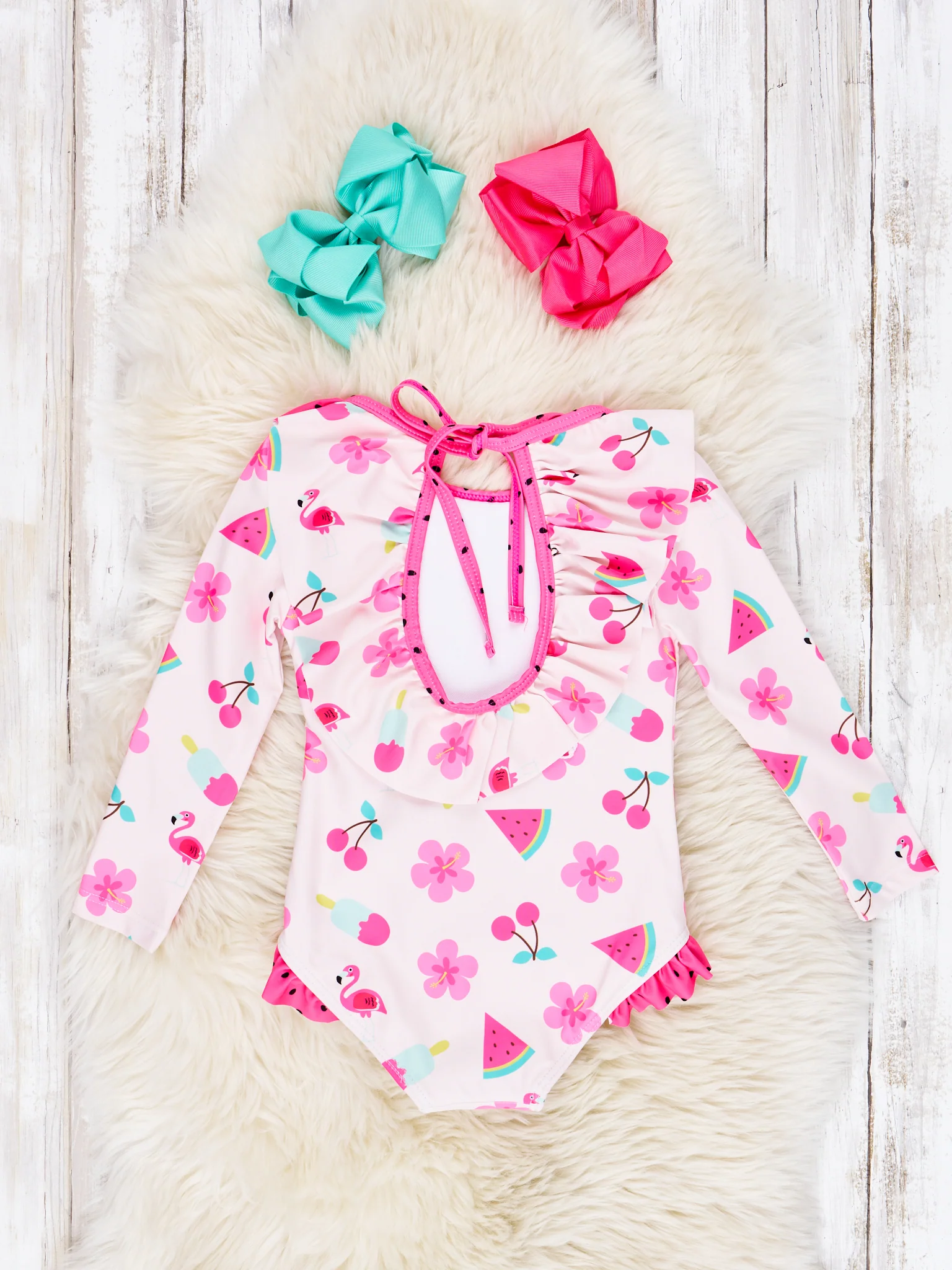 Watermelon & Flamingo Ruffle Rash Guard Swimsuit - Image 2