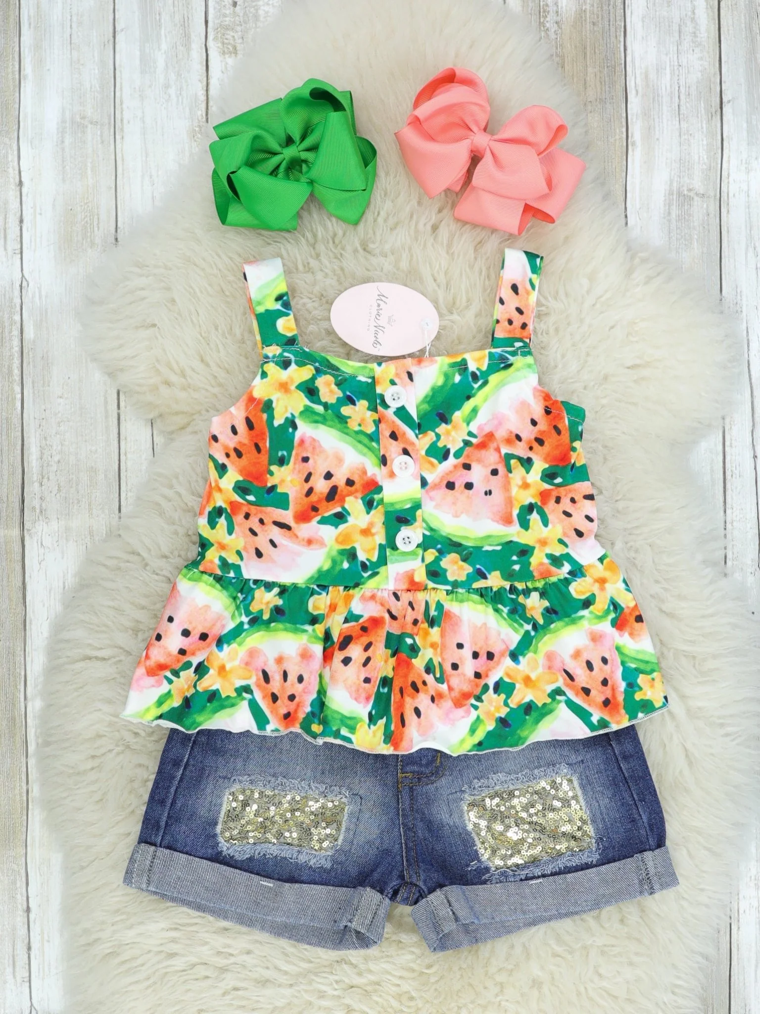Watermelon Peplum Tank & Sequin Denim Outfit