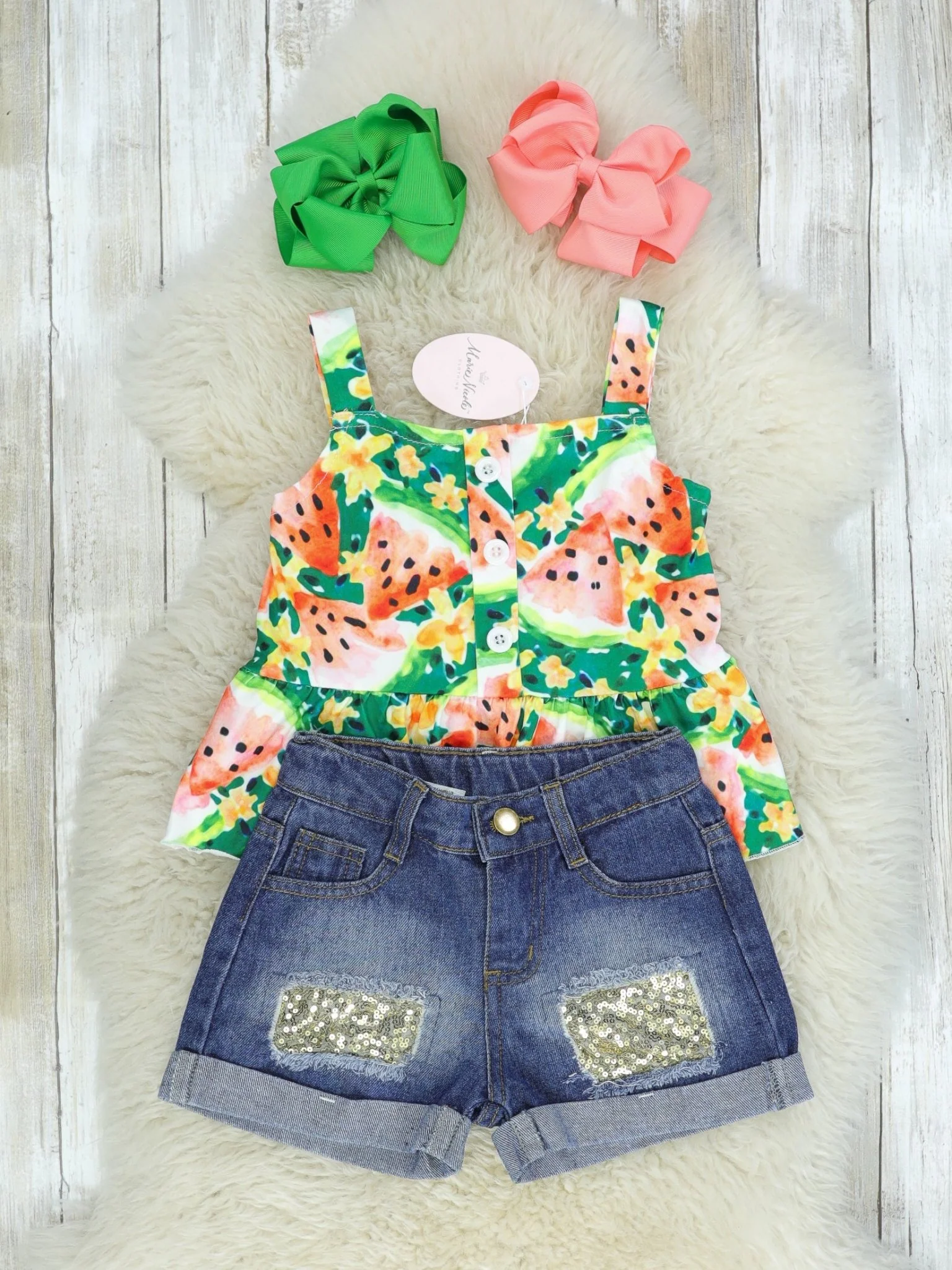 Watermelon Peplum Tank & Sequin Denim Outfit - Image 2