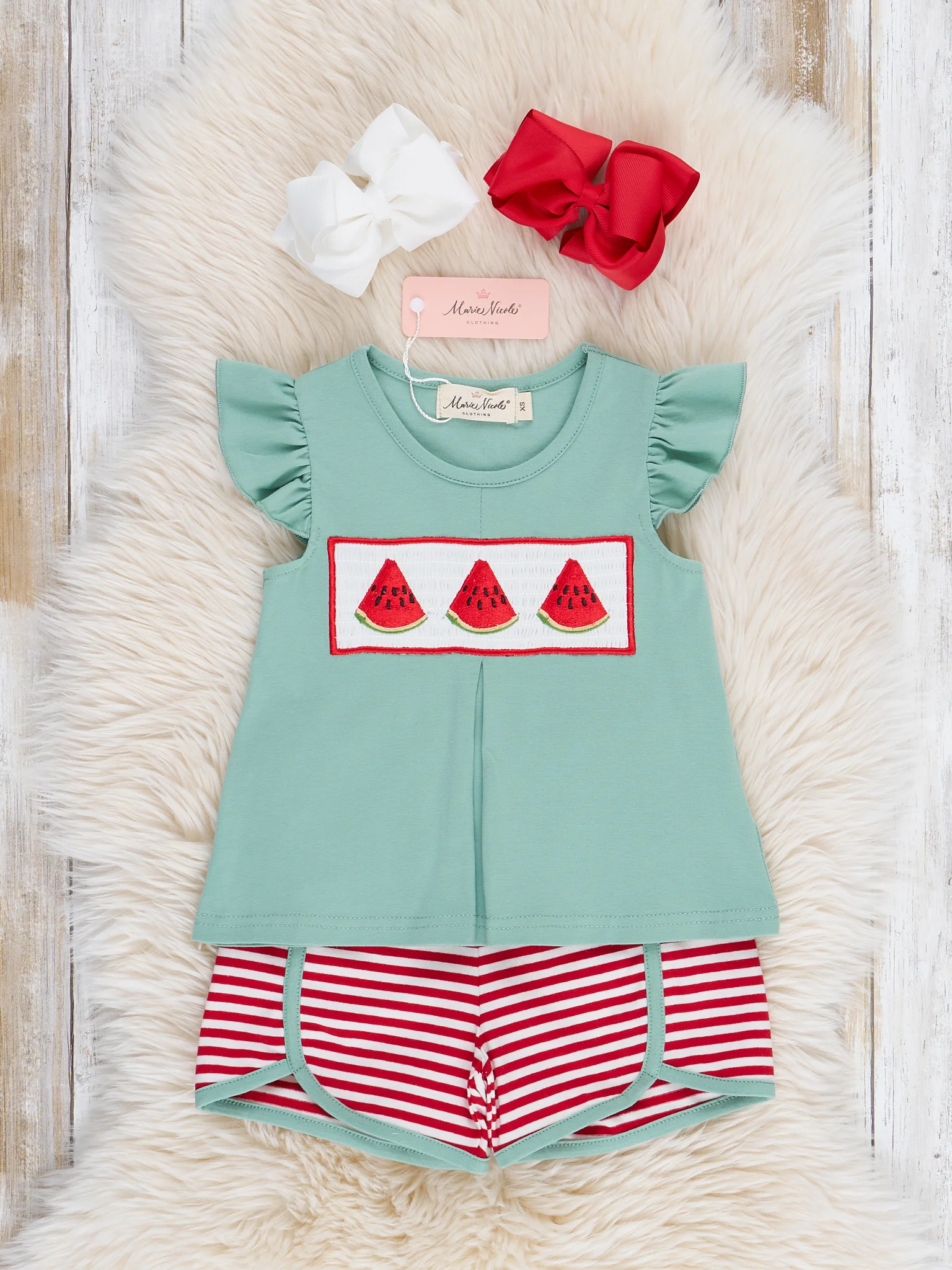 Watermelon Stripes Smocked Cotton Ruffle Outfit - Image 2