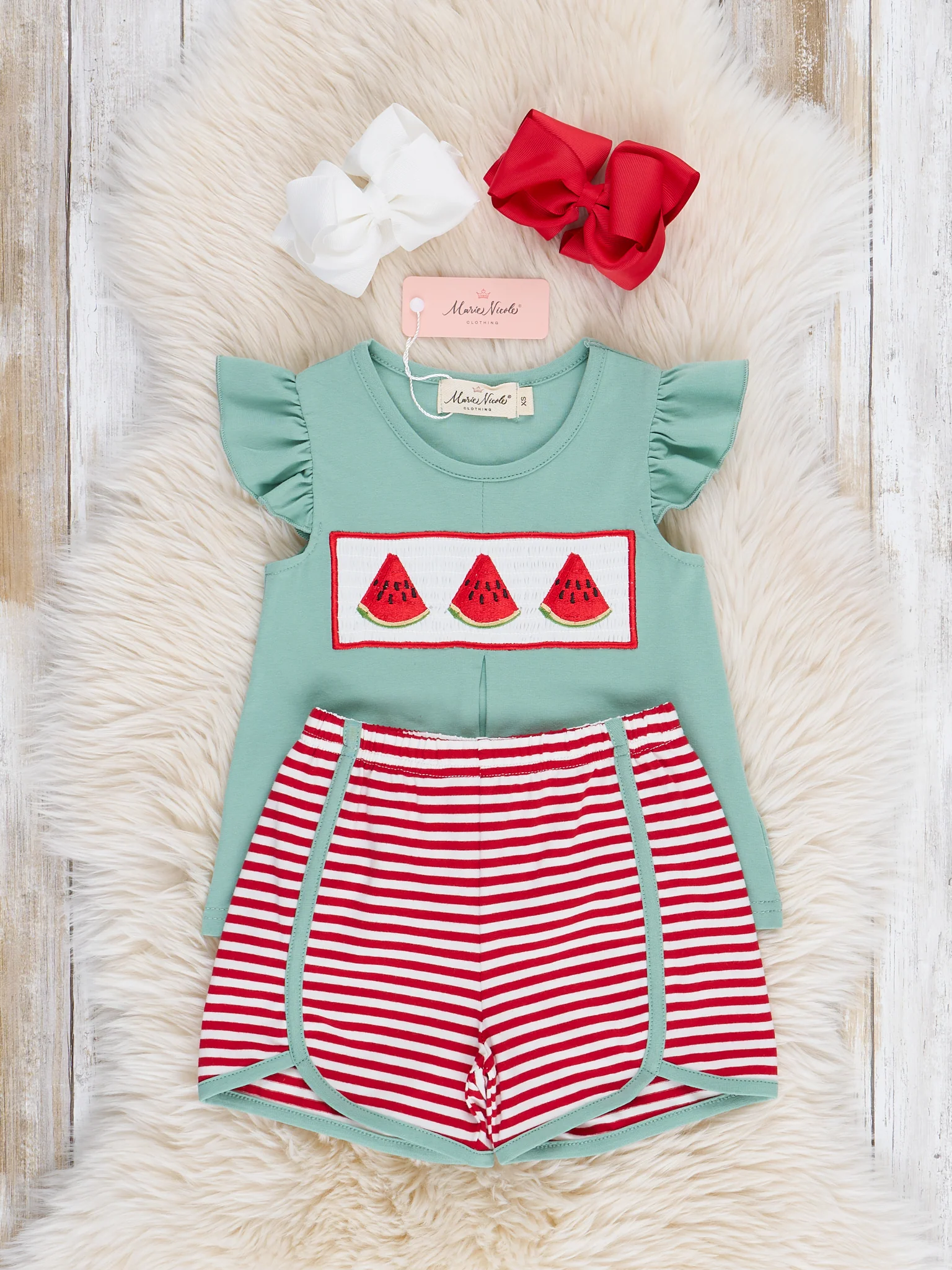 Watermelon Stripes Smocked Cotton Ruffle Outfit - Image 3