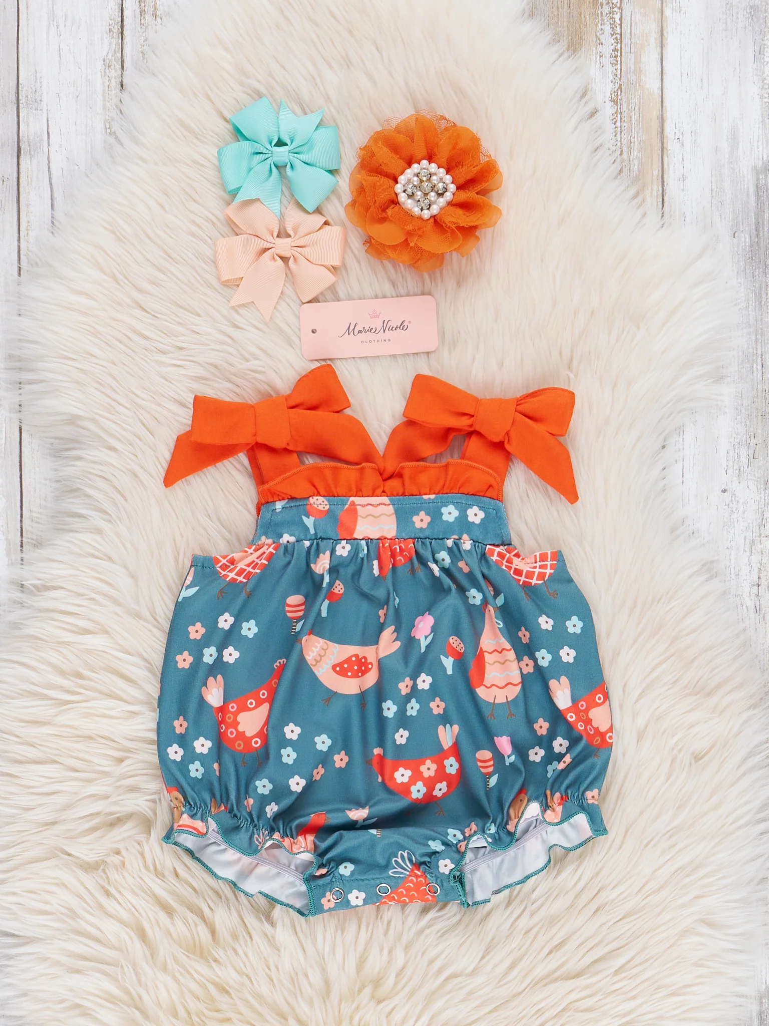 Whimsical Chickens Bow Bubble Romper