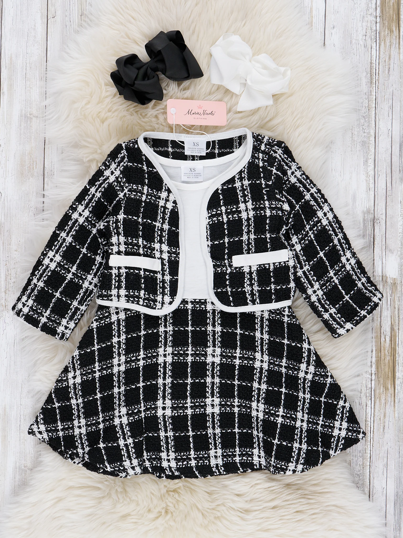 White & Black Plaid Dress W/ Cardigan Set