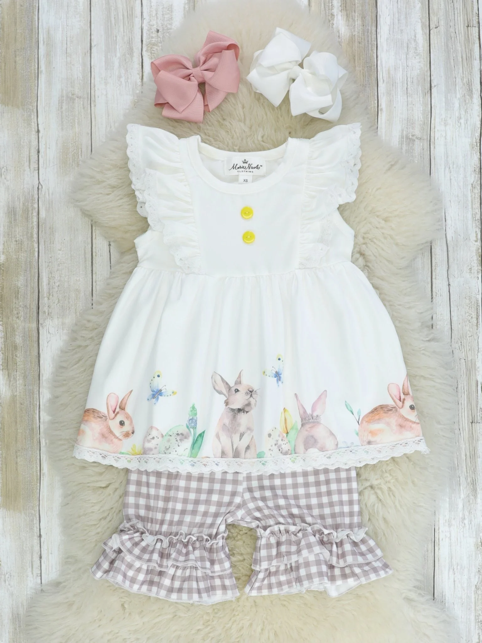 White & Brown Bunnies Ruffle Outfit