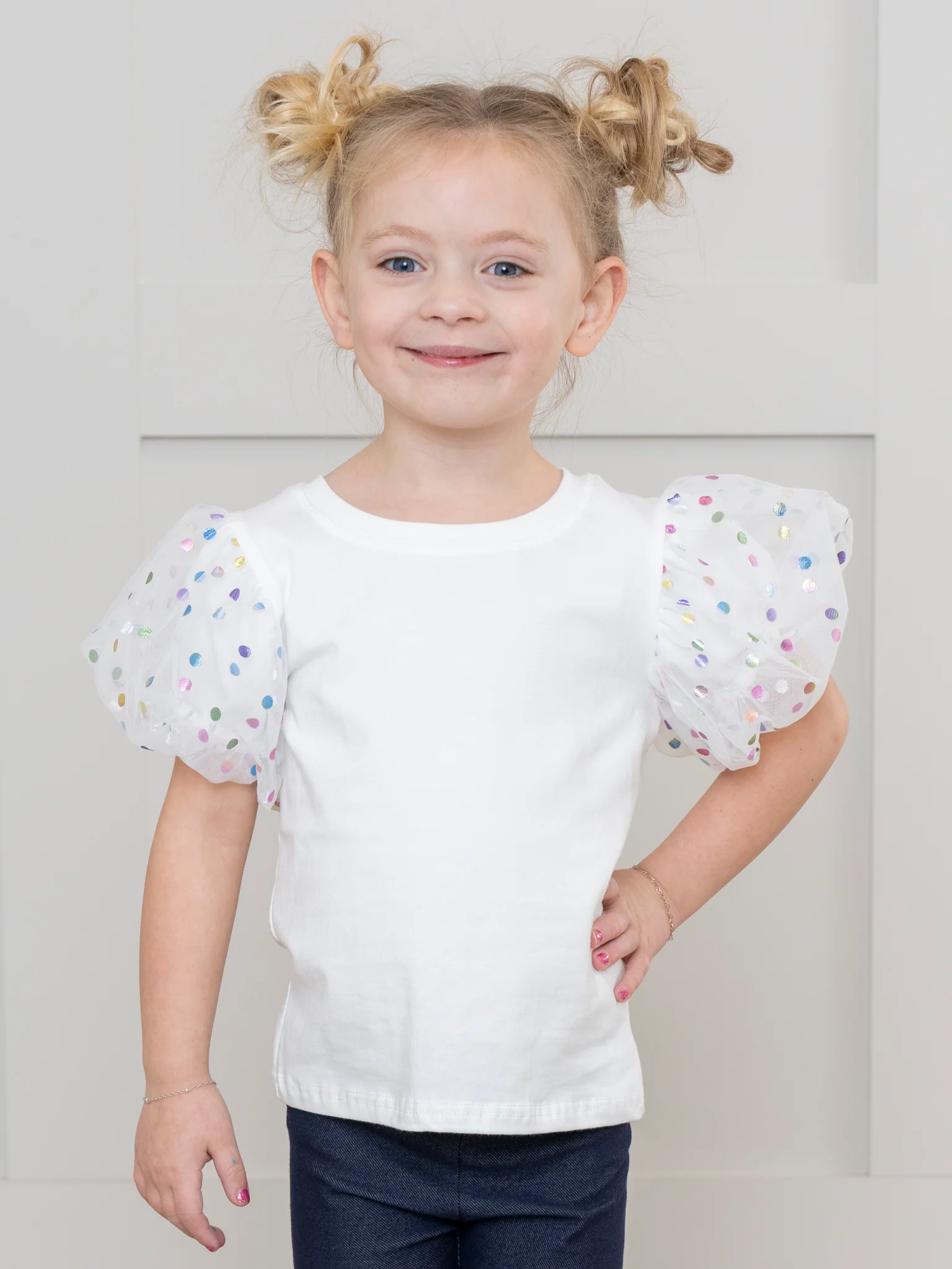 White Confetti Puff Sleeve Shirt