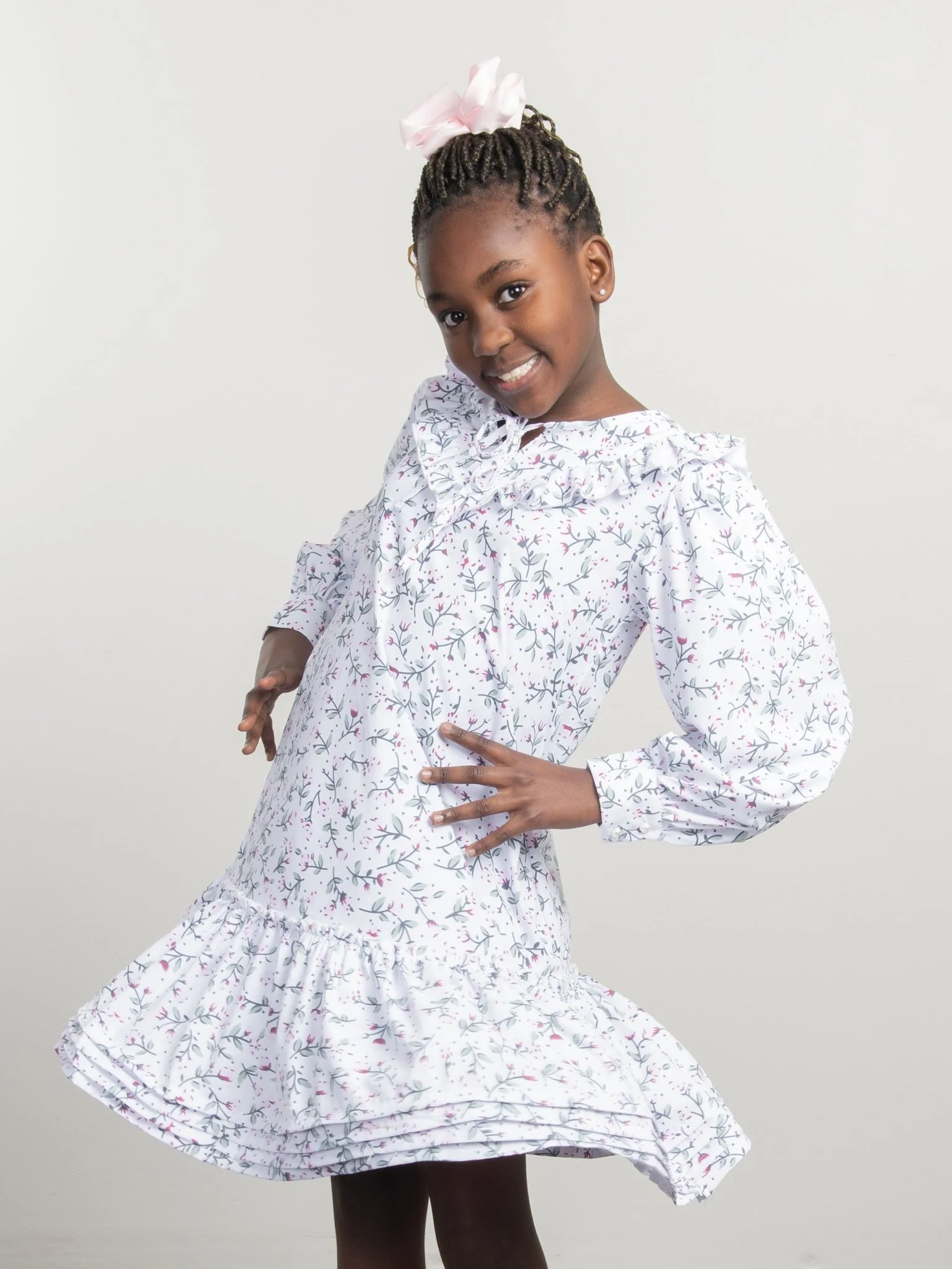 White Floral Mock Neck Ruffle Dress - Image 6