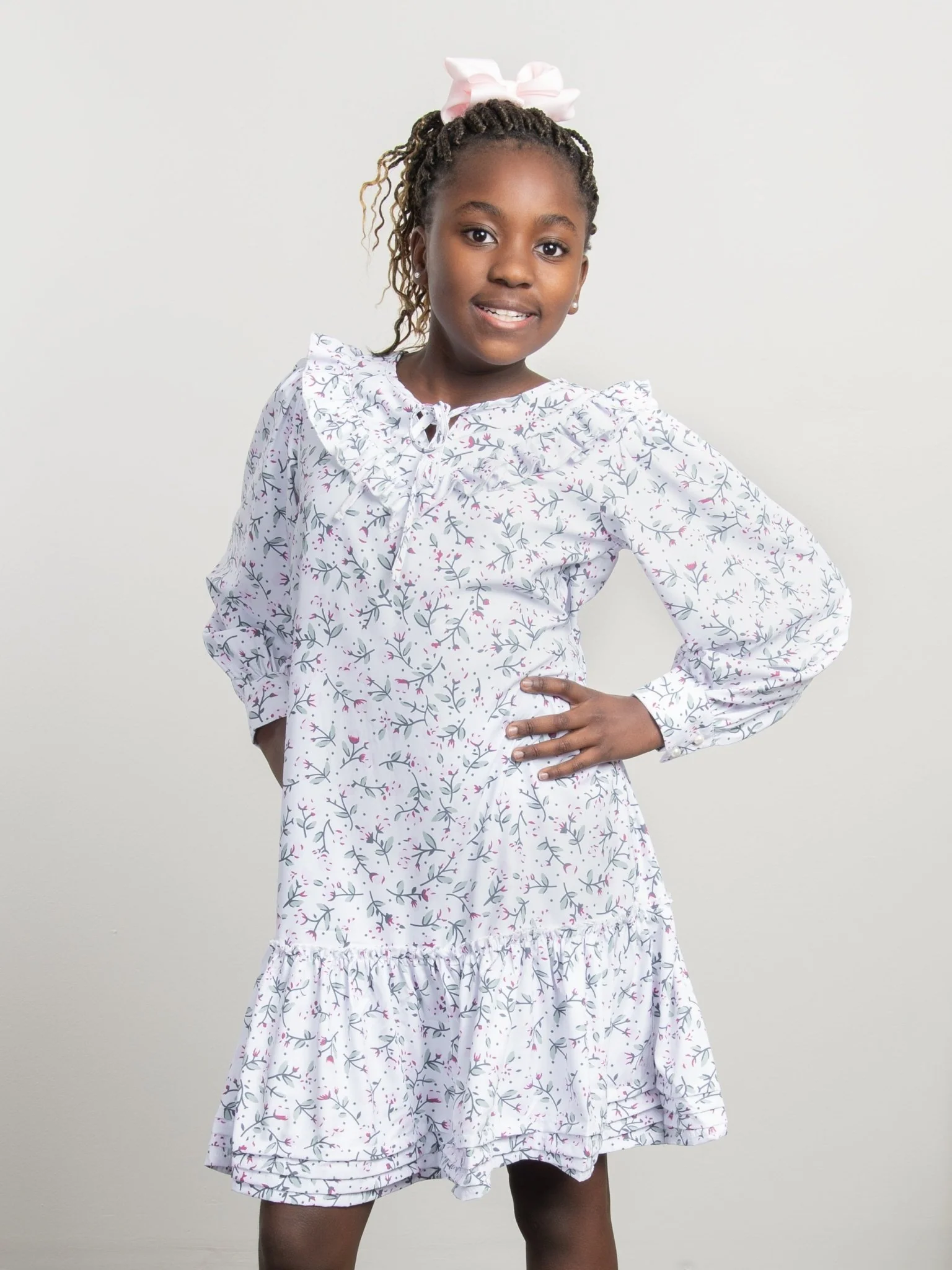 White Floral Mock Neck Ruffle Dress - Image 7