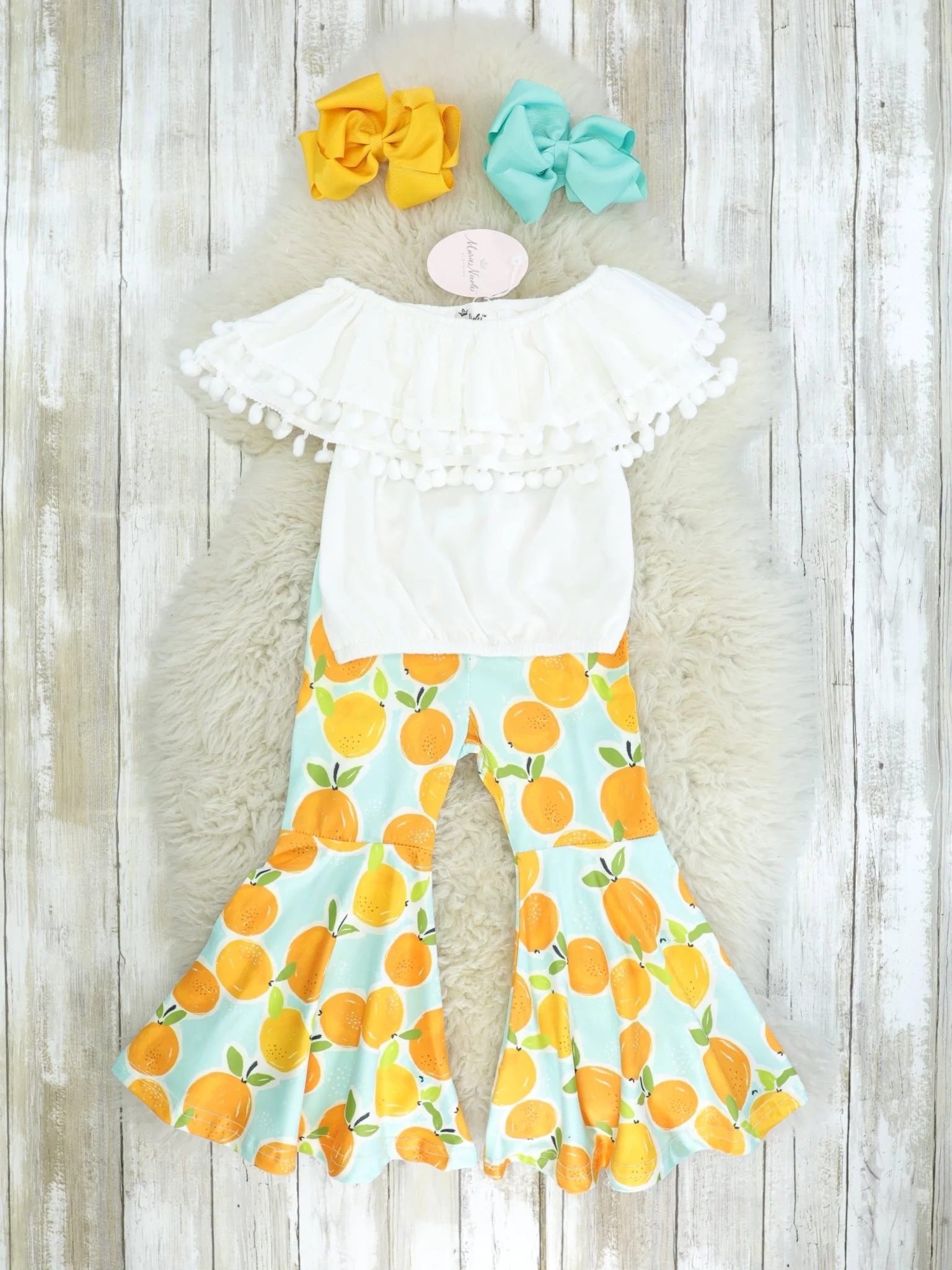 White Pom-Pom Top & Citrus Bell Bottoms Outfit
