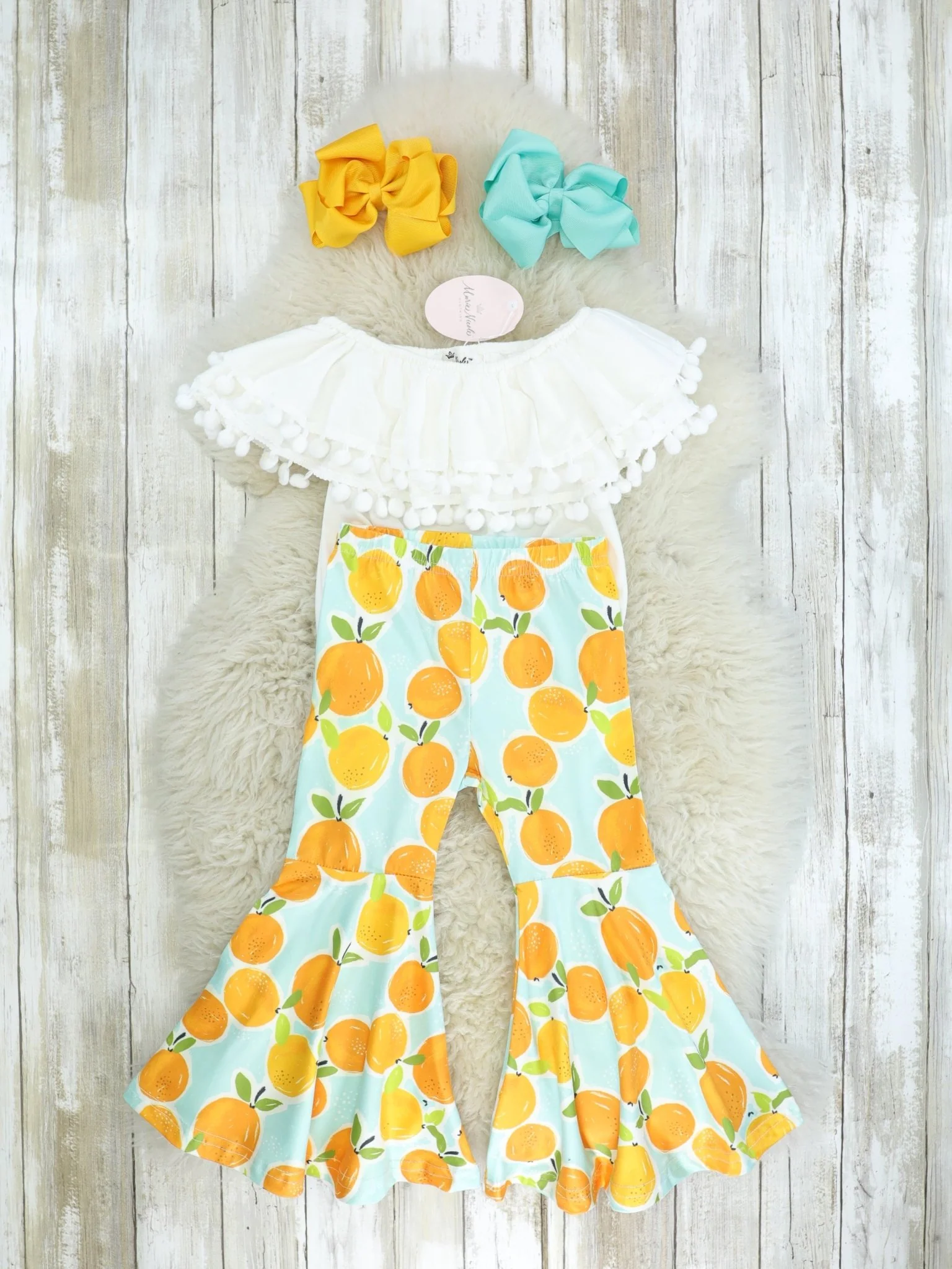 White Pom-Pom Top & Citrus Bell Bottoms Outfit - Image 2