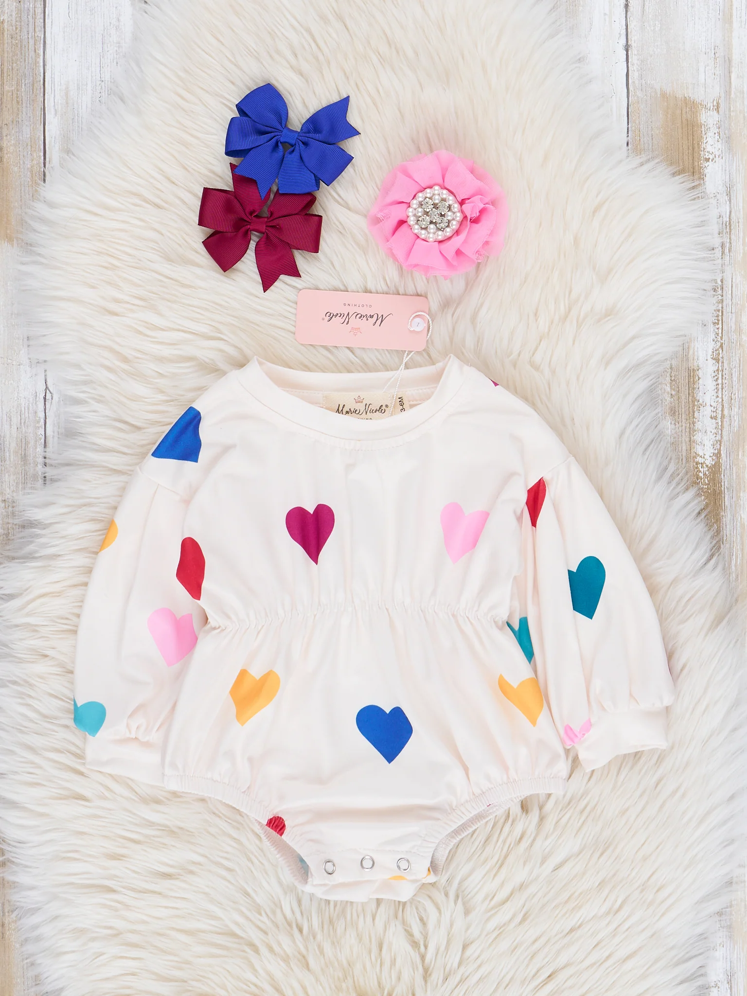White Rainbow Hearts Ruffle Bubble Romper